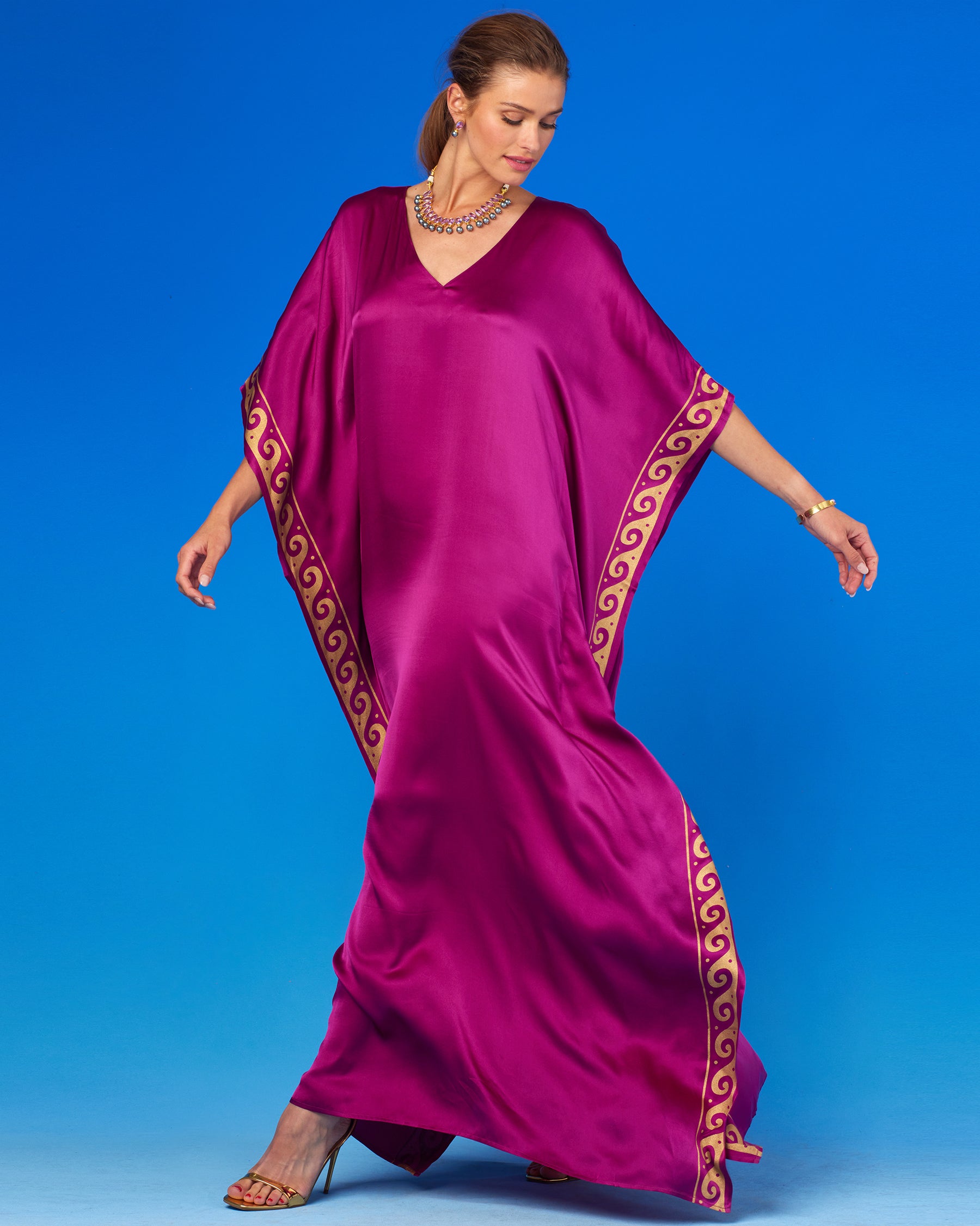 Minerva Silk Kaftan in Tyrian Purple and Gold-Walking