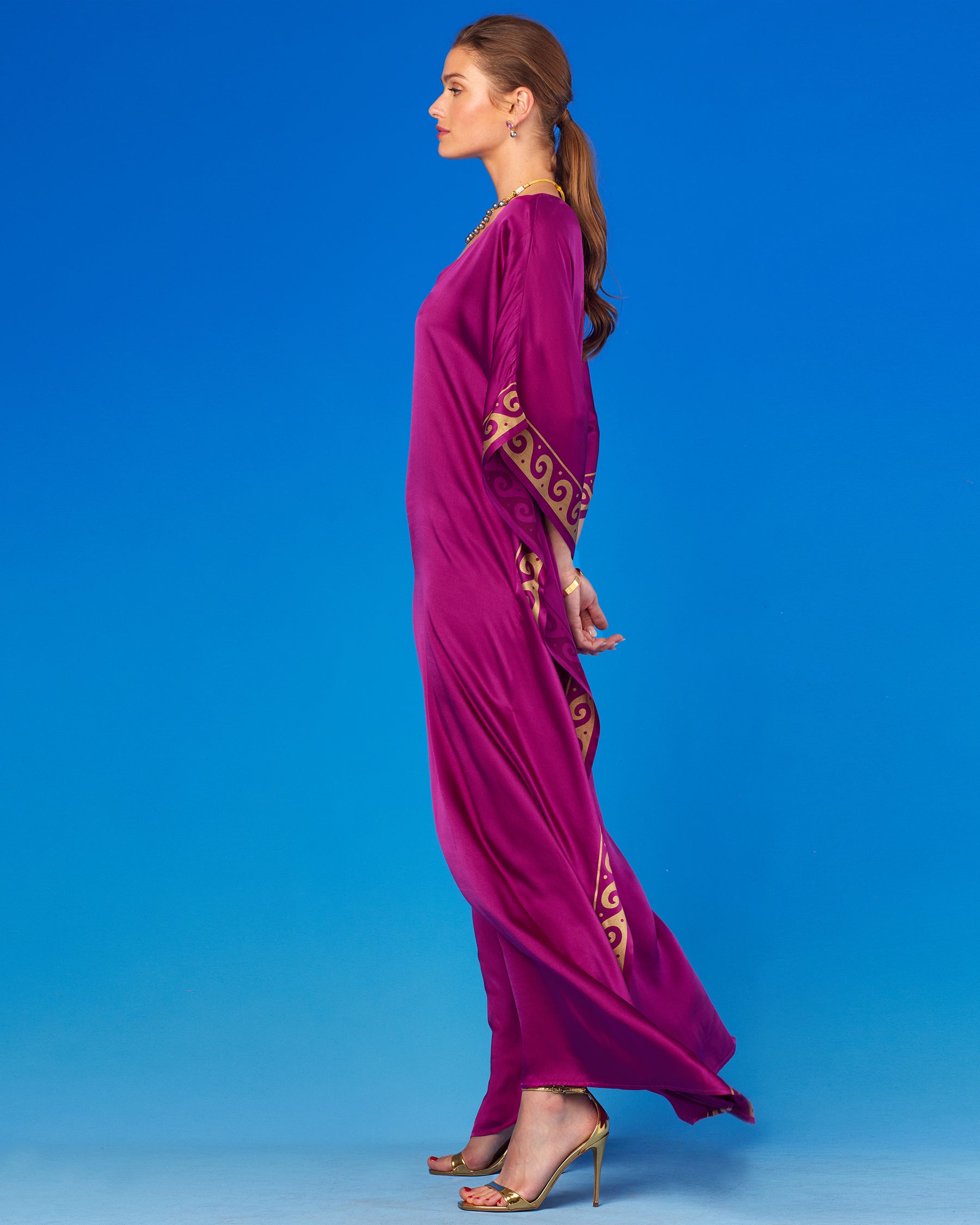 Minerva Silk Kaftan in Tyrian Purple and Gold-Side