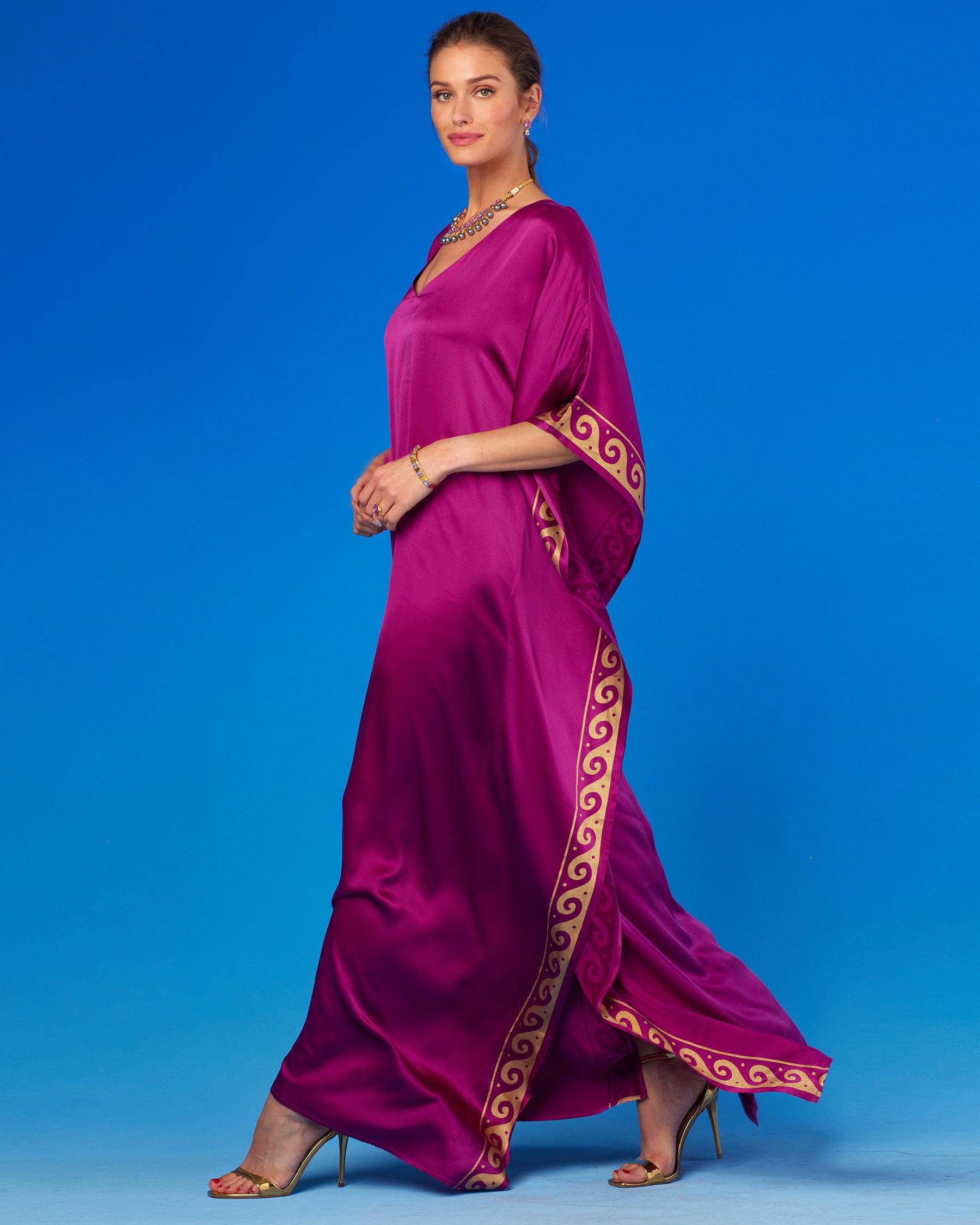 Minerva Silk Kaftan in Tyrian Purple and Gold-Walking Side View