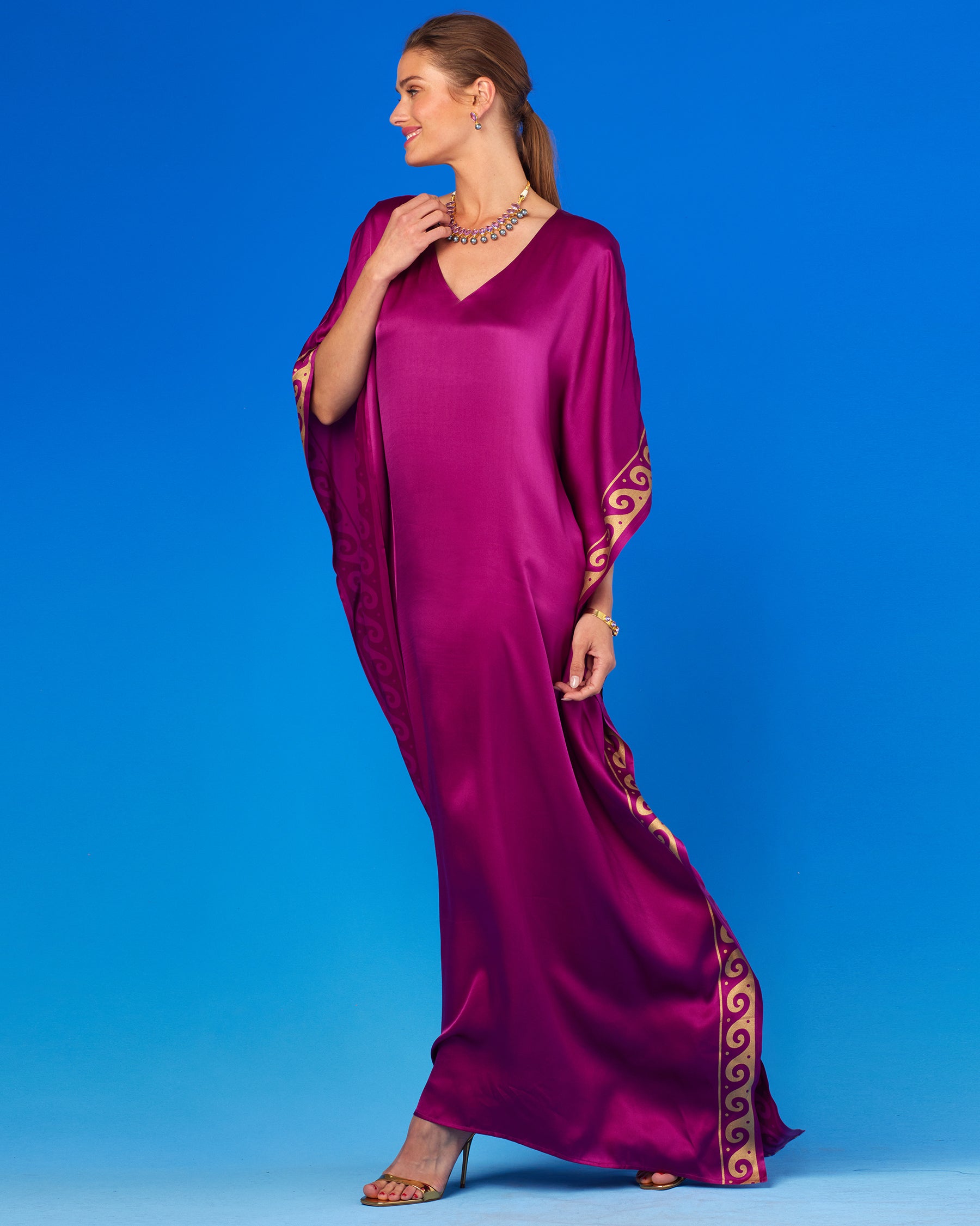 Minerva Silk Kaftan in Tyrian Purple and Gold-Side View