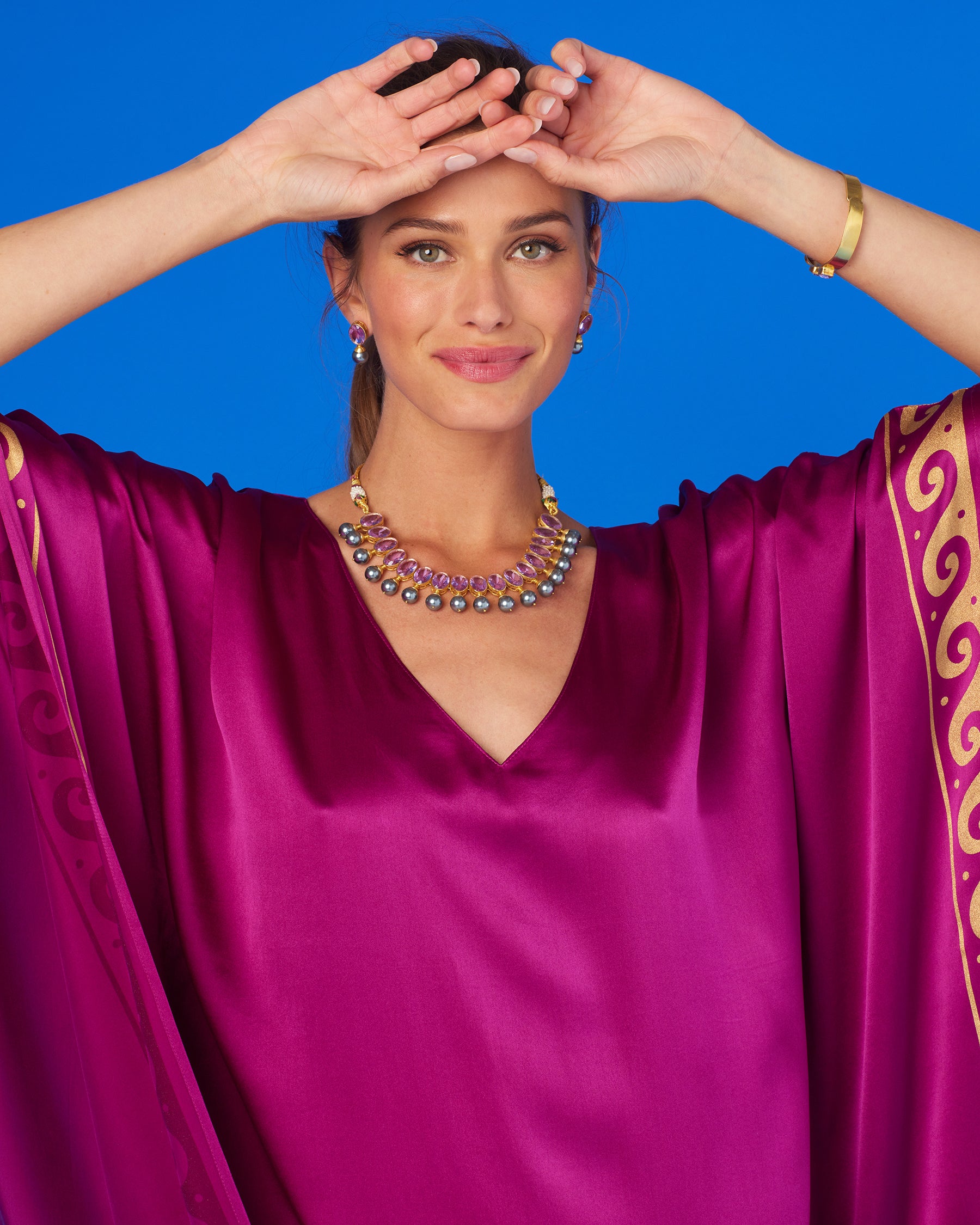 Minerva Silk Kaftan in Tyrian Purple and Gold-Closeup