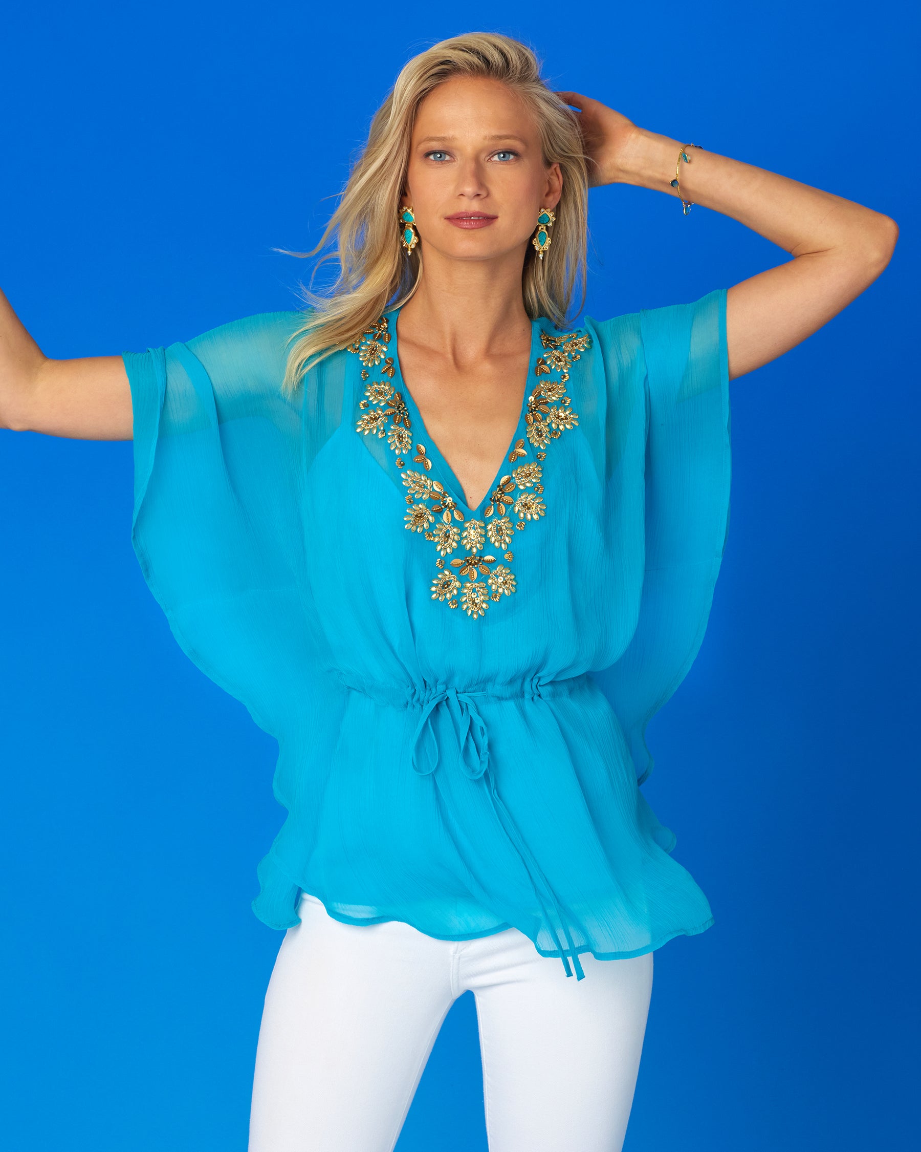 Mirabella Cinched Poncho in Crinkle Turquoise Chiffon and Gold Embellishment-Dancing