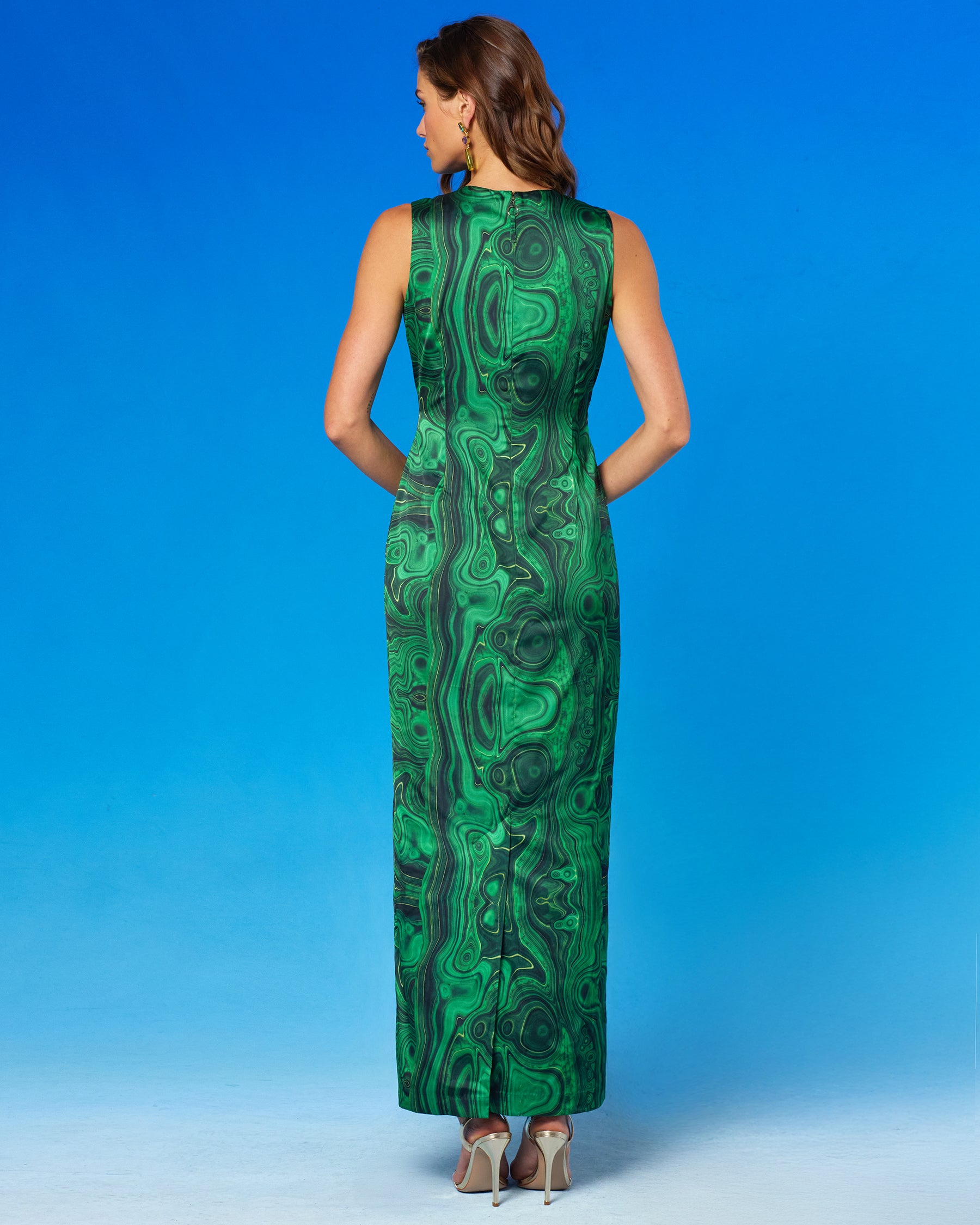 Natalie Long Sheath Dress in Precious Malachite back view