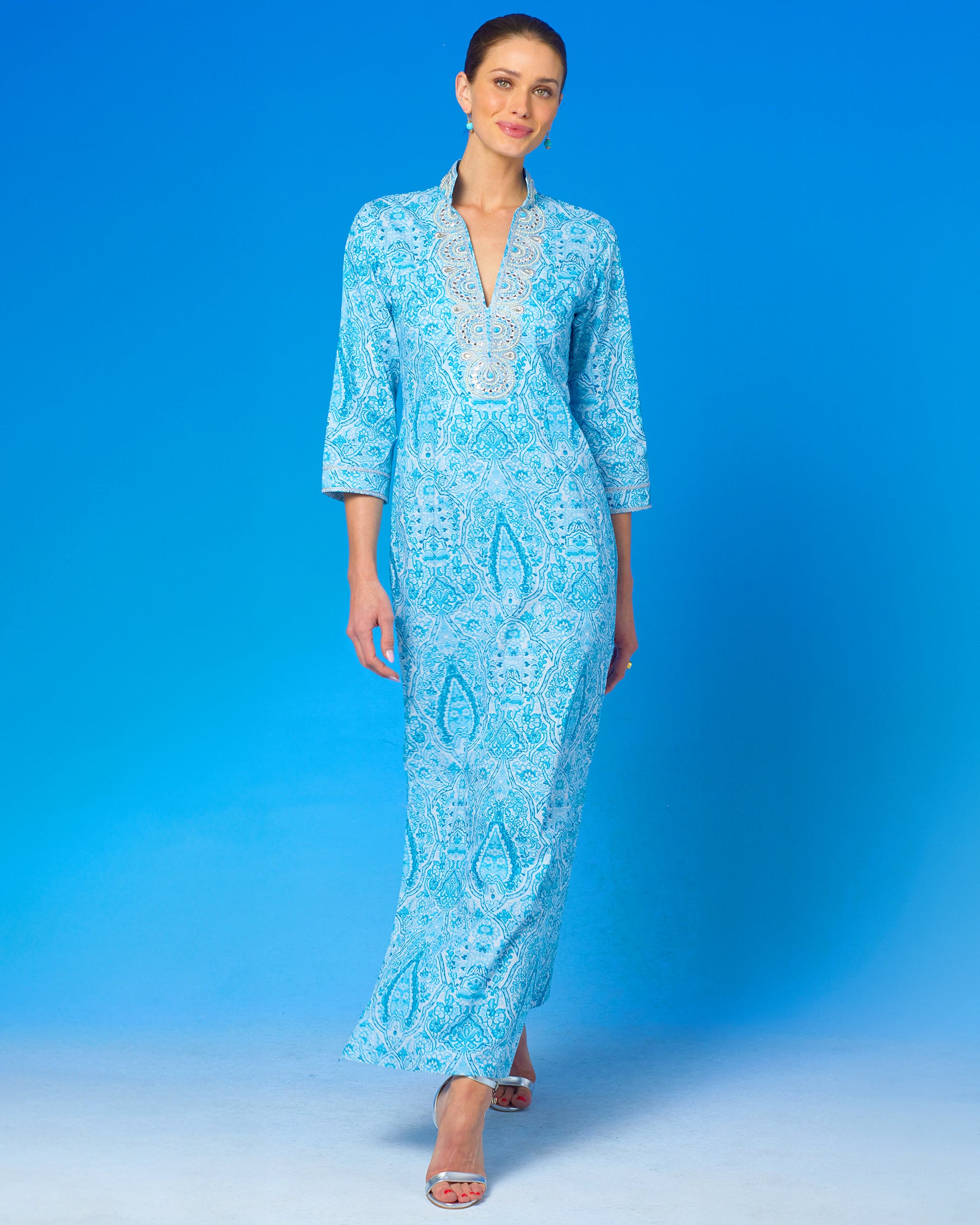 Noor Long Tunic Dress in Turquoise Paisley and Silver Embellishment-Front view walking