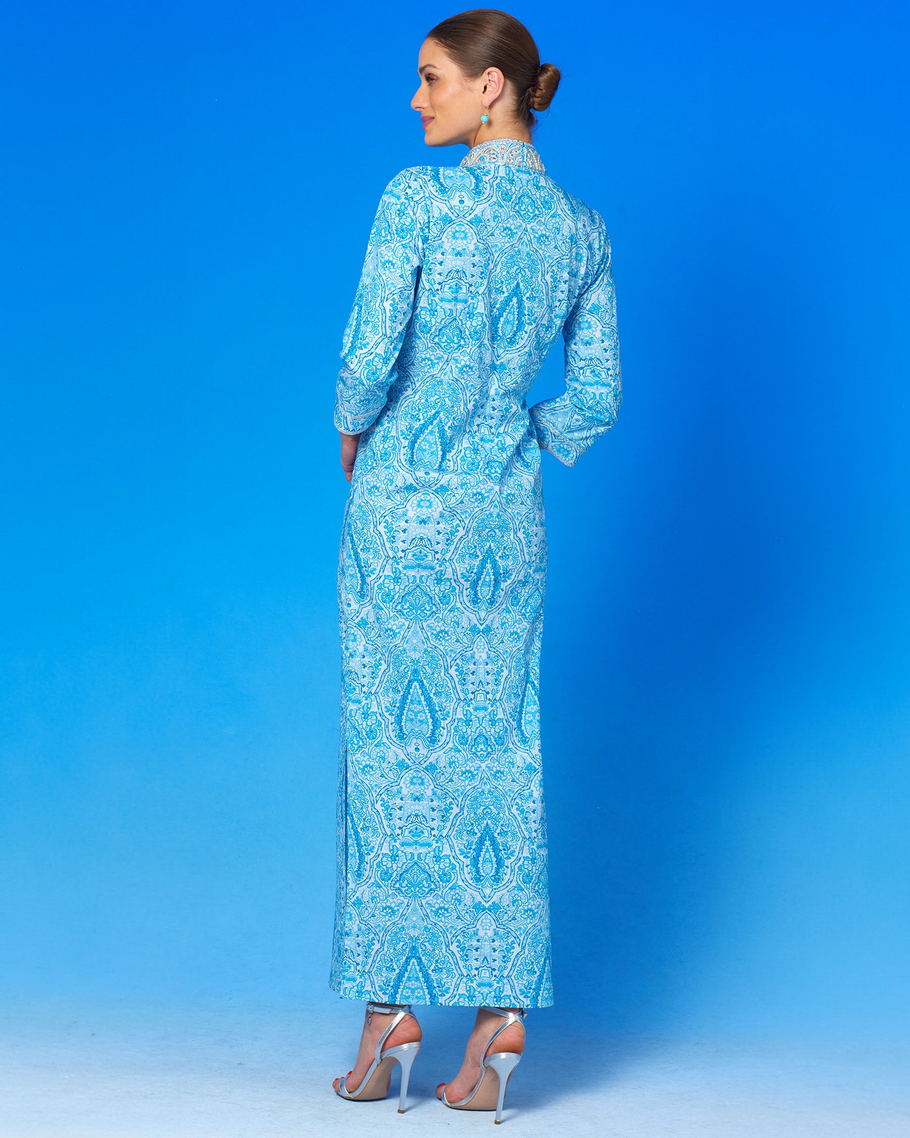 Noor Long Tunic Dress in Turquoise Paisley and Silver Embellishment-Back view