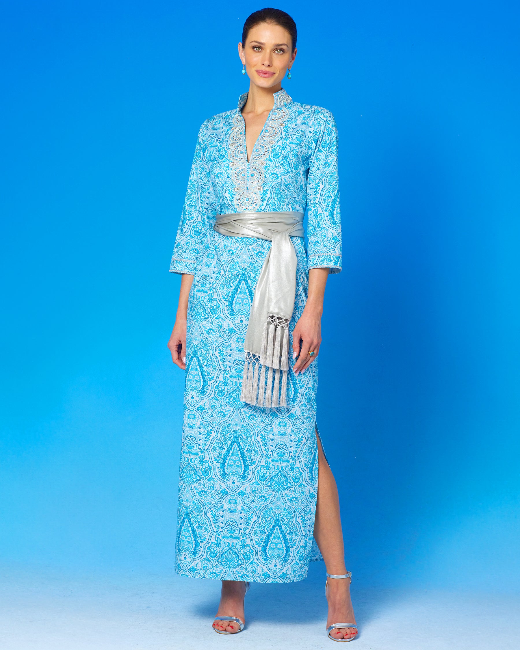 Noor Long Tunic Dress in Turquoise Paisley and Silver Embellishment-Full front view
