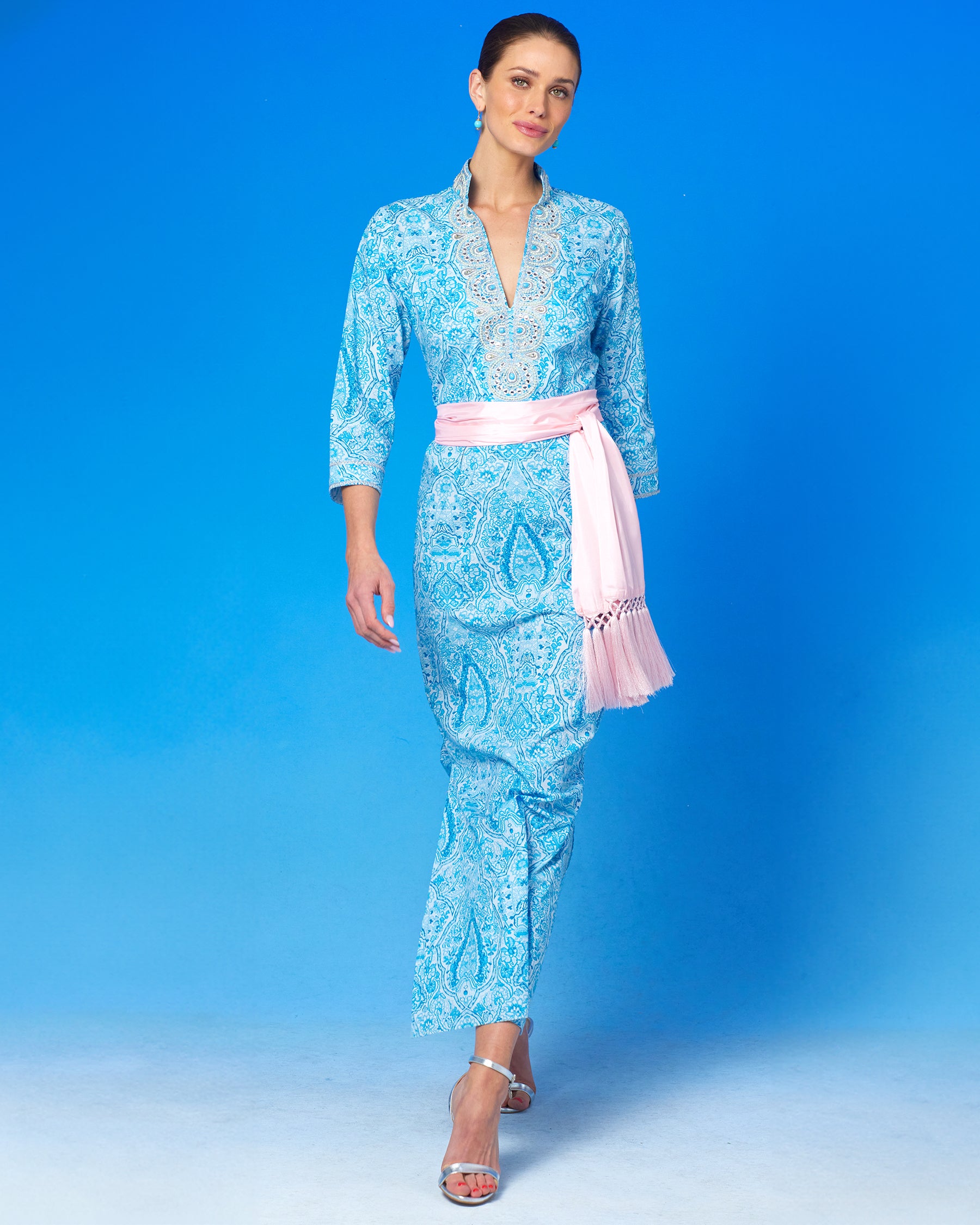 Cosima Sash Belt in Blush Pink worn with the Noor Long Tunic Dress in Turquoise Paisley