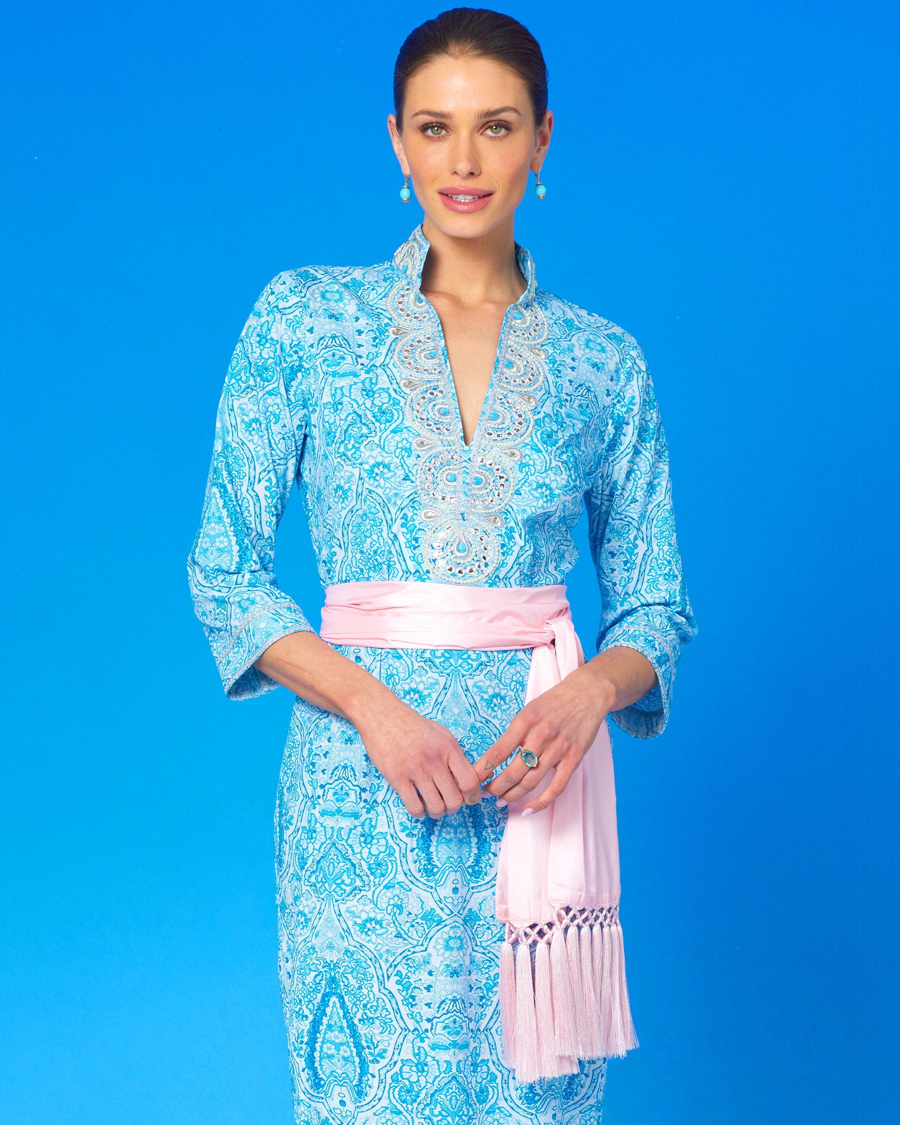Noor Long Tunic Dress in Turquoise Paisley and Silver Embellishment-Closer front view