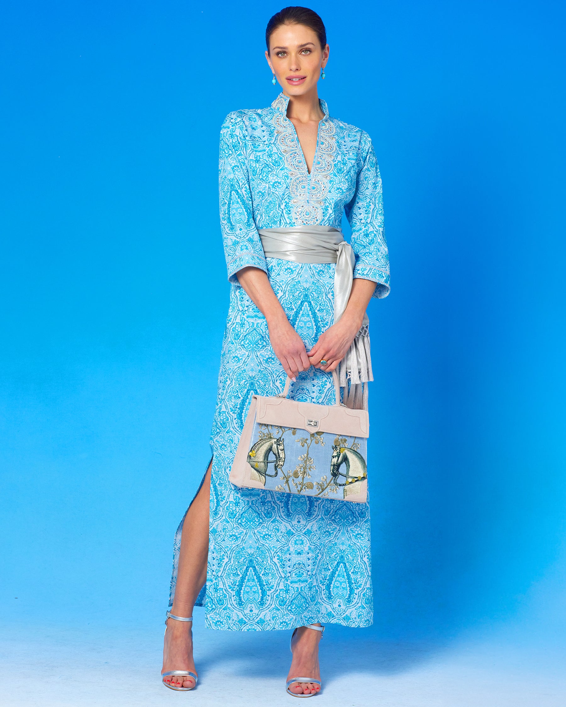Noor Long Tunic Dress in Turquoise Paisley and Silver Embellishment-styled with the Cosima Silver Sash Belt and Marquise Paris Handbag