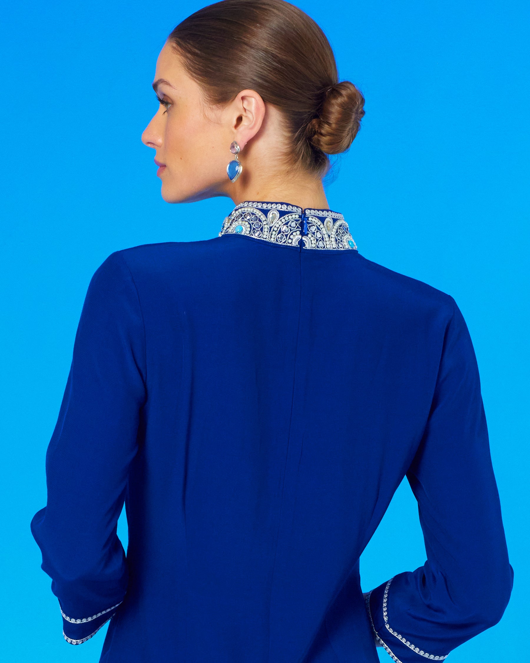 Noor Long Navy Tunic Dress with Silver Embellishment back view showing embellished detail on the back collar