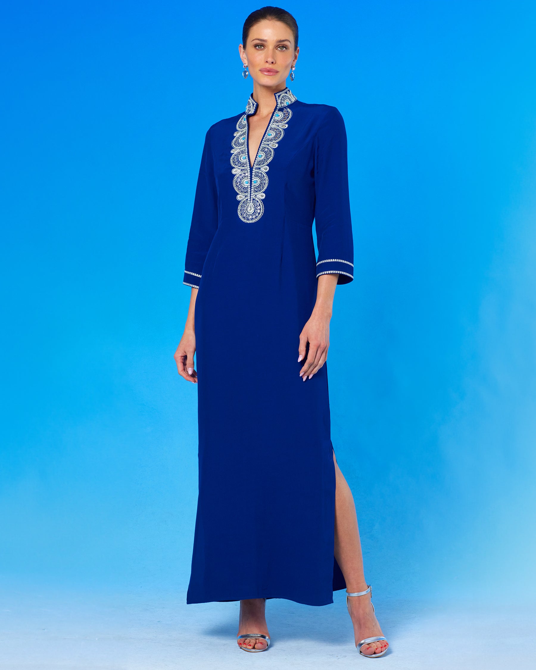 Noor Long Navy Tunic Dress with Silver Embellishment