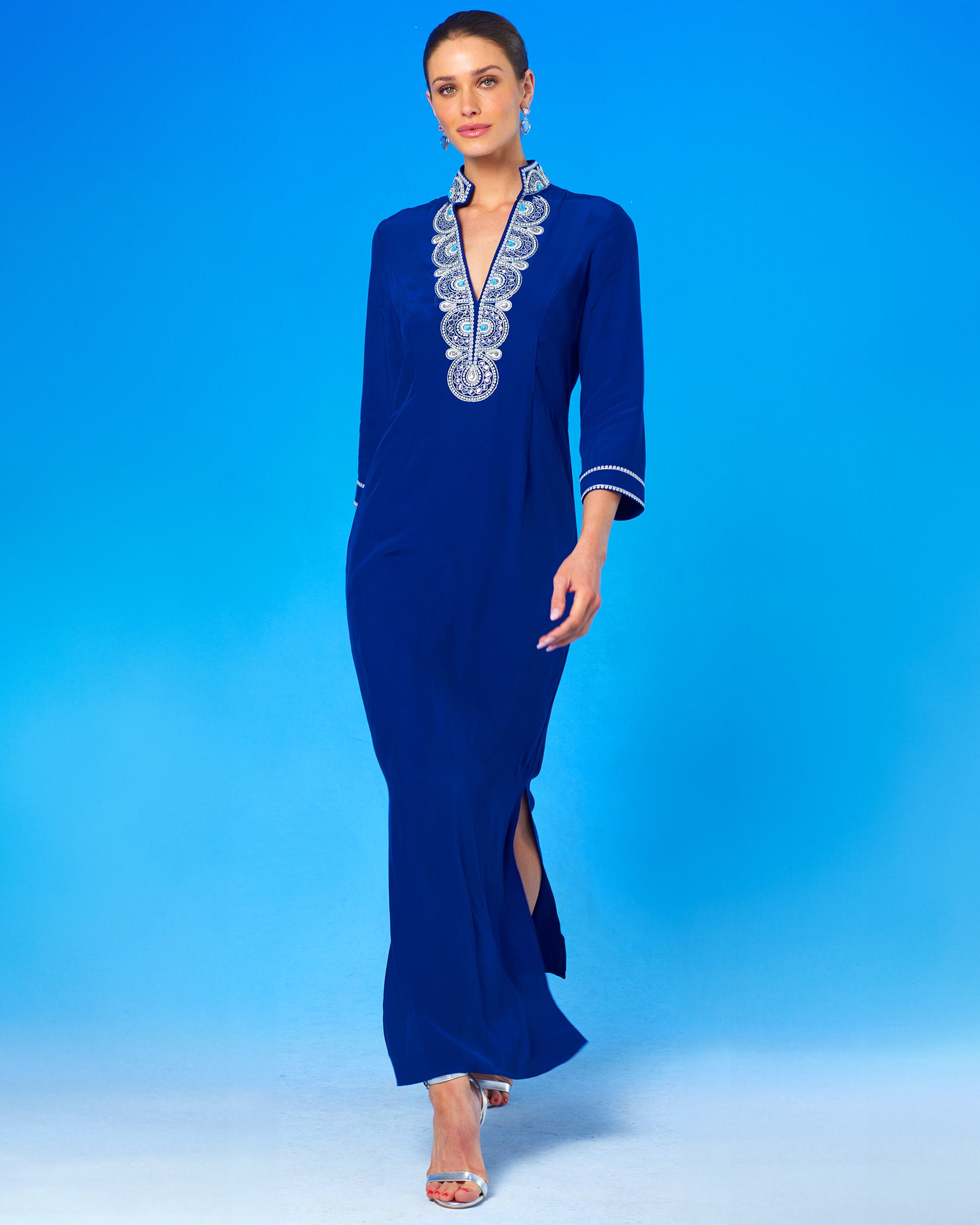 Noor Long Navy Tunic Dress with Silver Embellishment-walking front view