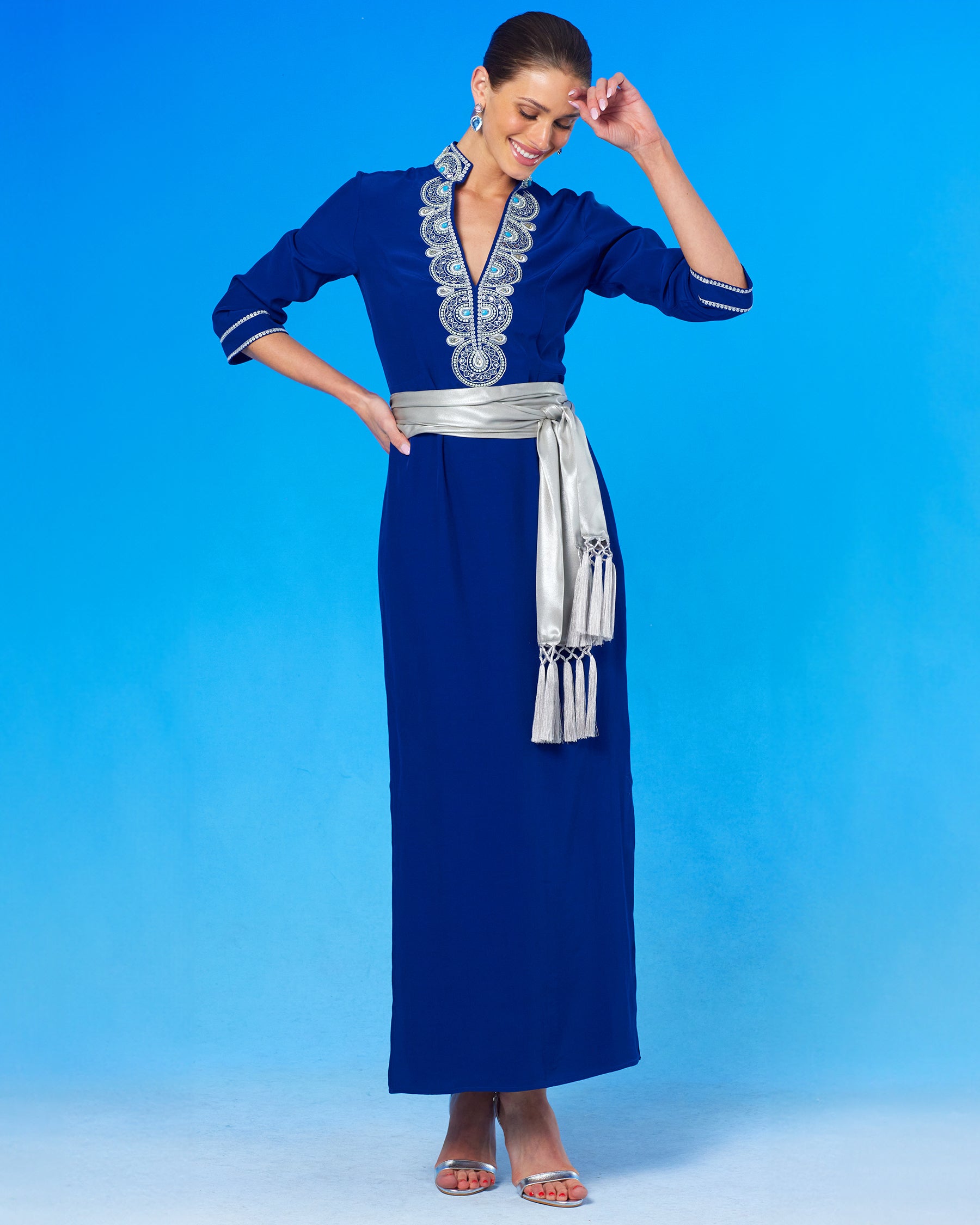 Noor Long Navy Tunic Dress with Silver Embellishment with the waist cinched with Cosima Sash Belt in Silver Shimmer