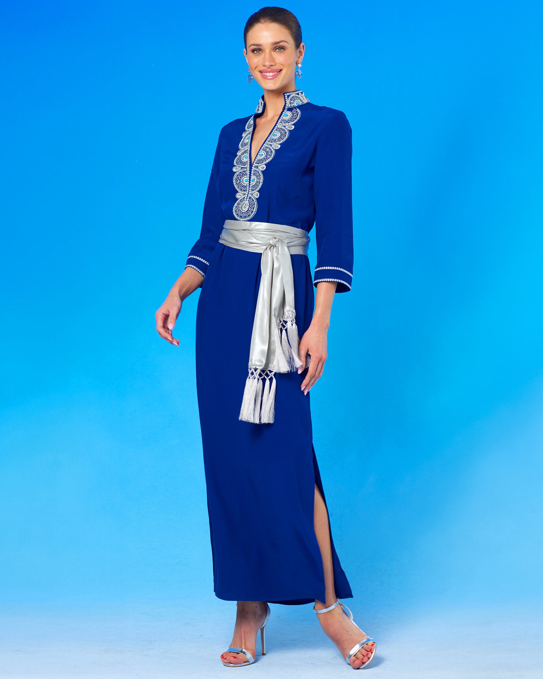Noor Long Navy Tunic Dress with Silver Embellishment with the waist cinched with Cosima Sash Belt in Silver Shimmer-side view