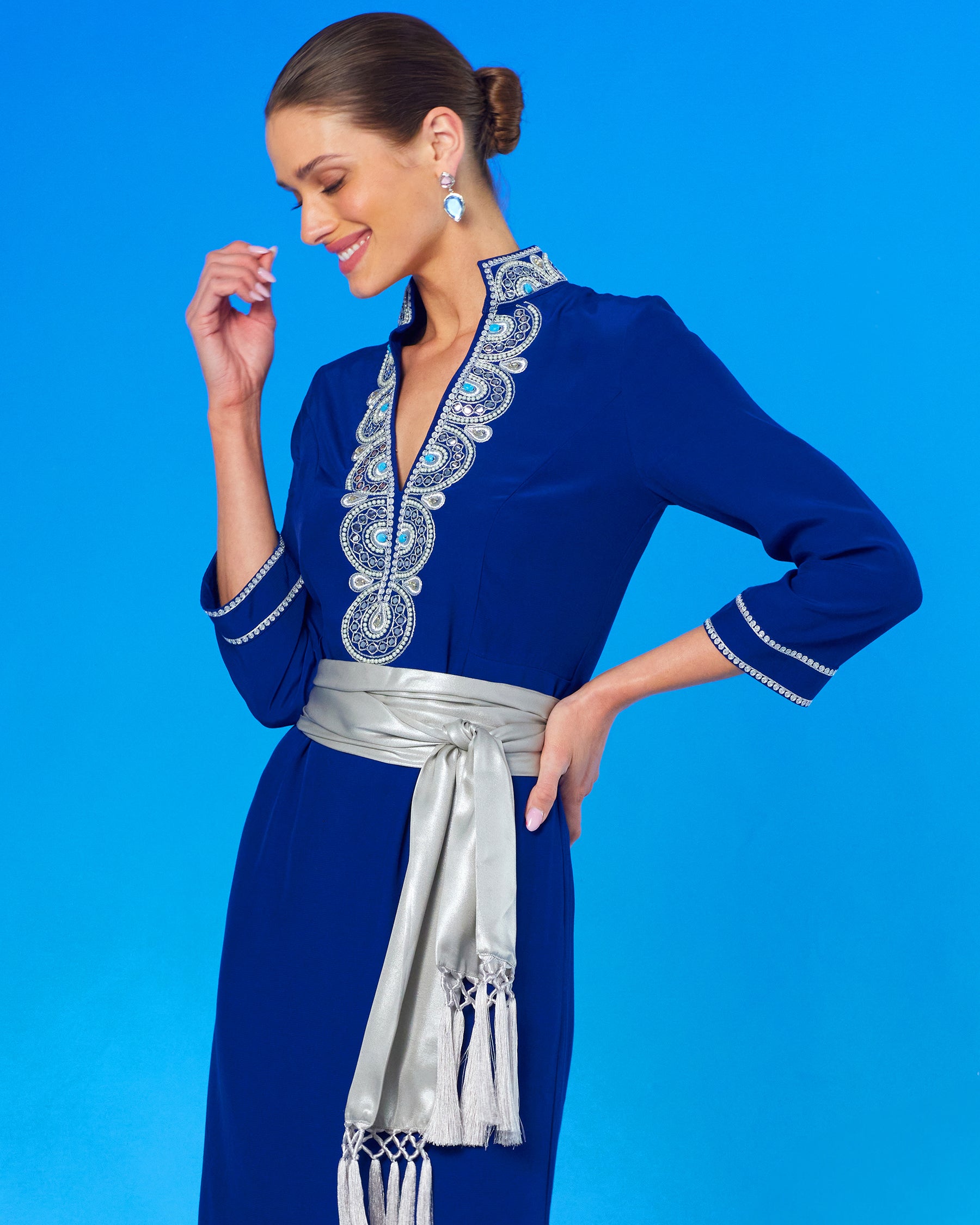 Noor Long Navy Tunic Dress with Silver Embellishment with the waist cinched with Cosima Sash Belt in Silver Shimmer-close view