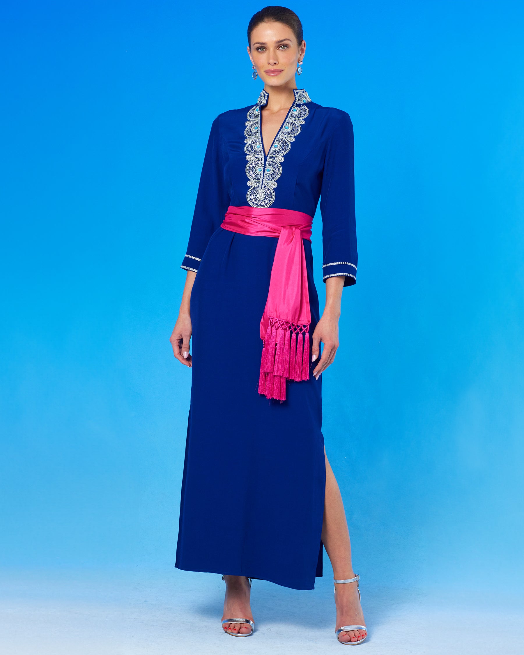 Noor Long Navy Tunic Dress with Silver Embellishment with the waist cinched with the Cosima Sash Belt in Fuchsia Hot Pink