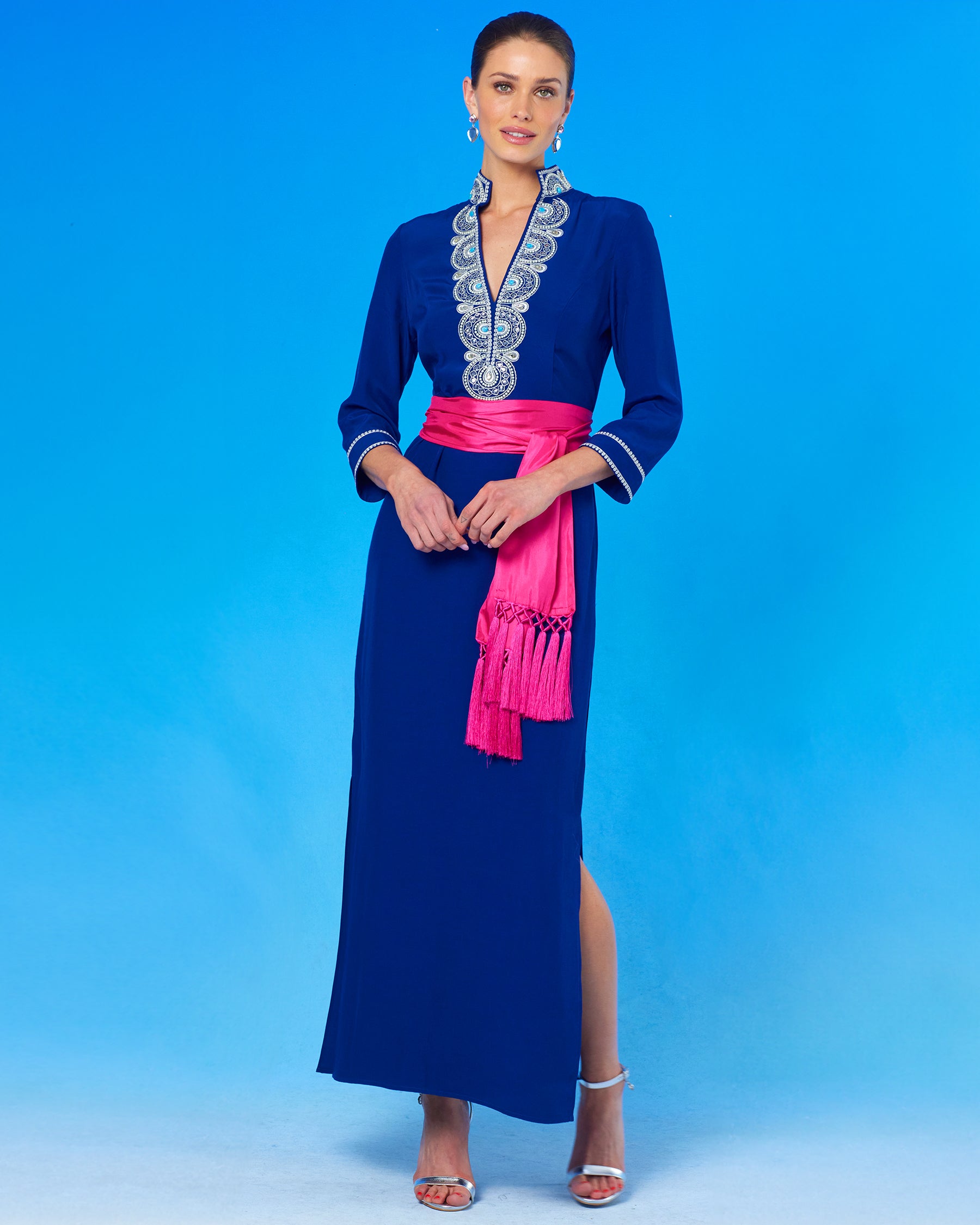 Noor Long Navy Tunic Dress with Silver Embellishment with the waist cinched with the Cosima Sash Belt in Fuchsia Hot Pink full front view;