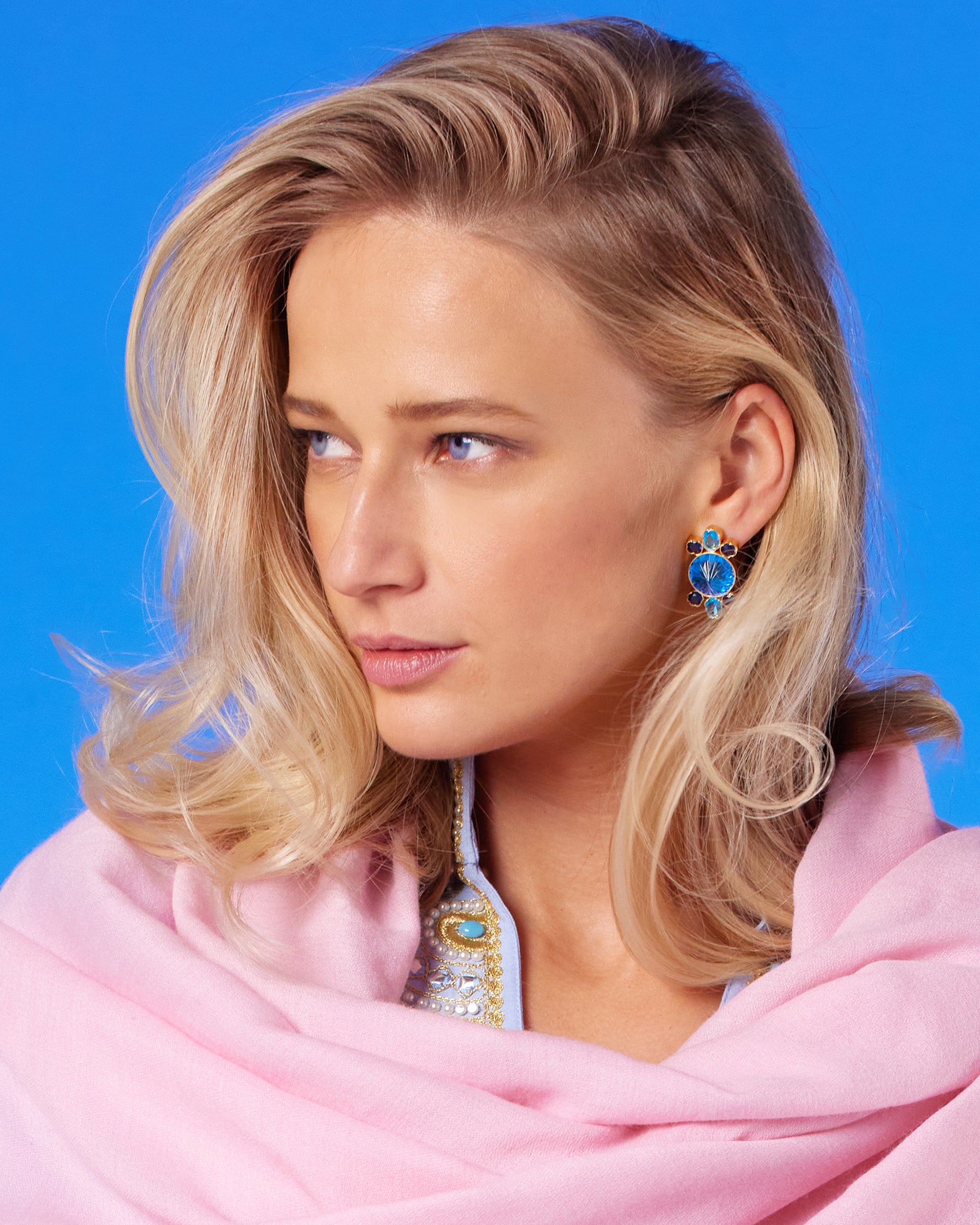 Bronwyn Earrings in Jodhpur Blues on model