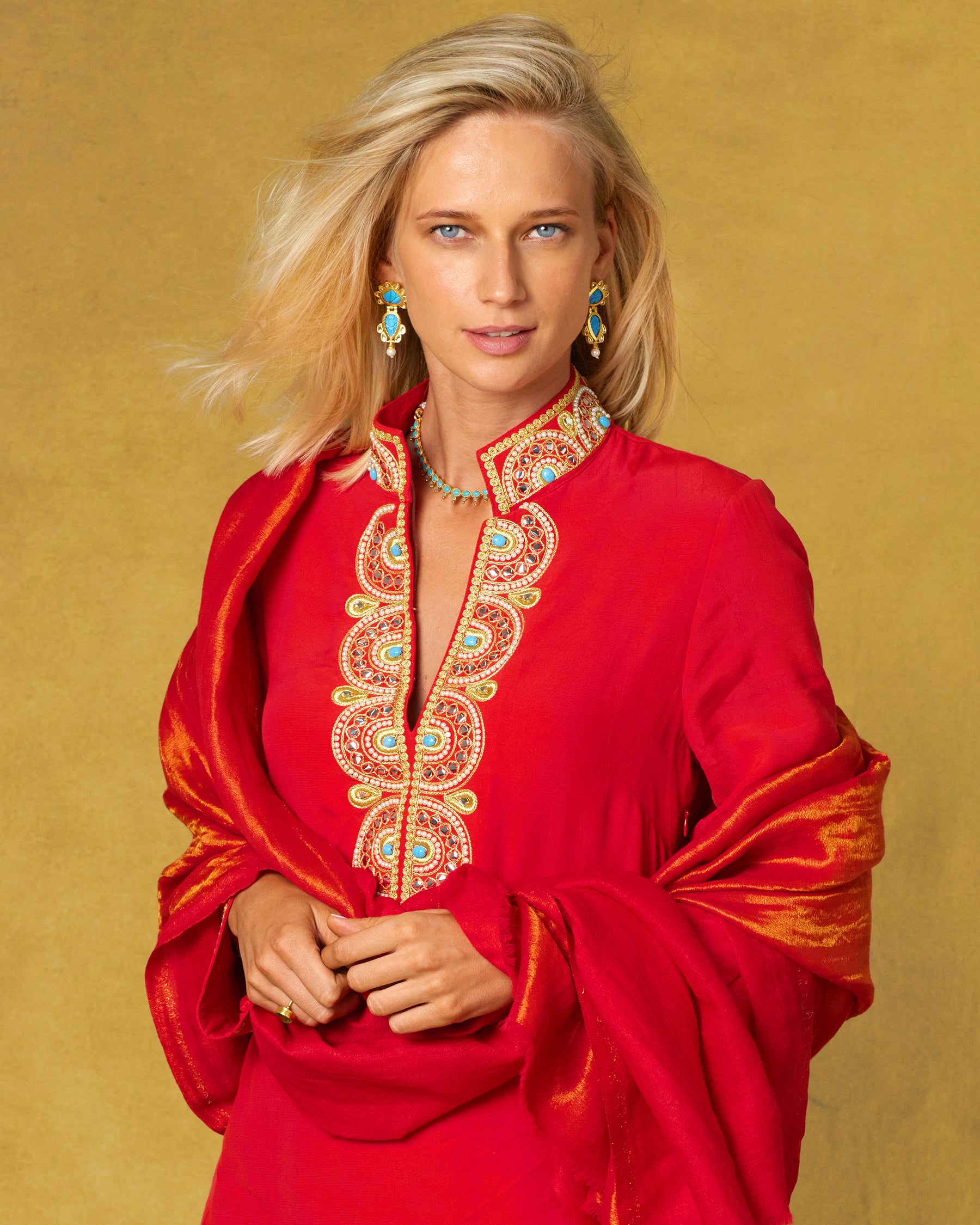 Josephine Reversible Pashmina Shawl in Gold Shimmer Red worn with the Noor Red Tunic and Gold Embellishment