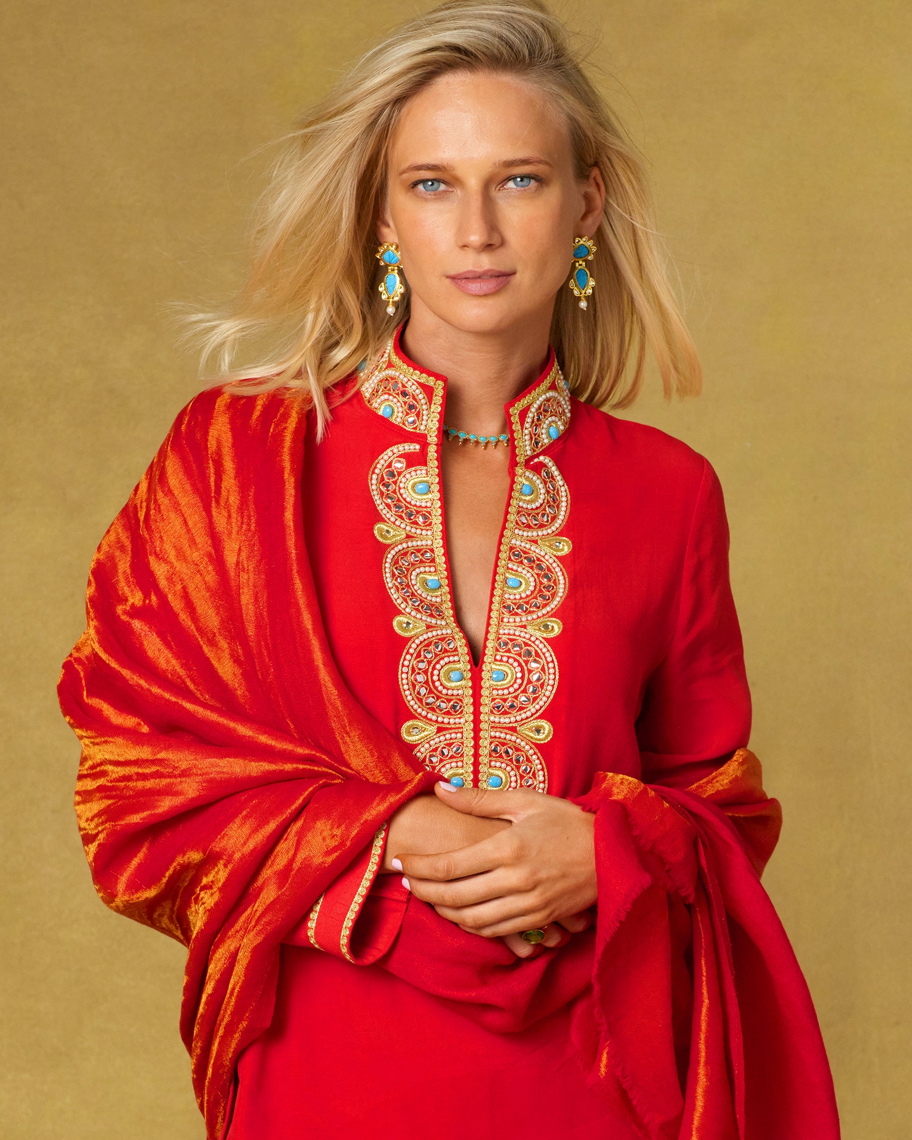 Josephine Reversible Pashmina Shawl in Gold Shimmer Red worn with the Noor Red Tunic and Gold Embellishment