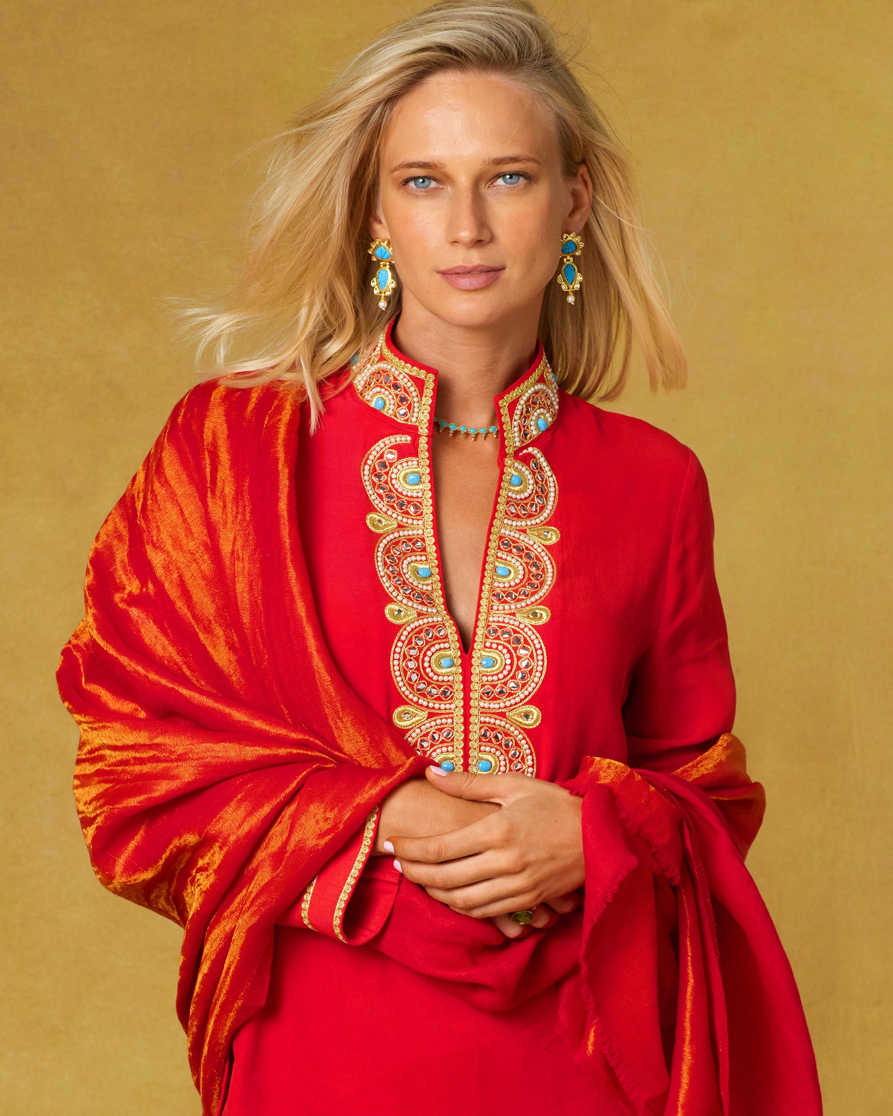 Noor Red Tunic with Gold Embellishment wrapped in a Josephine Pashmina Shawl in Gold Shimmer and Red