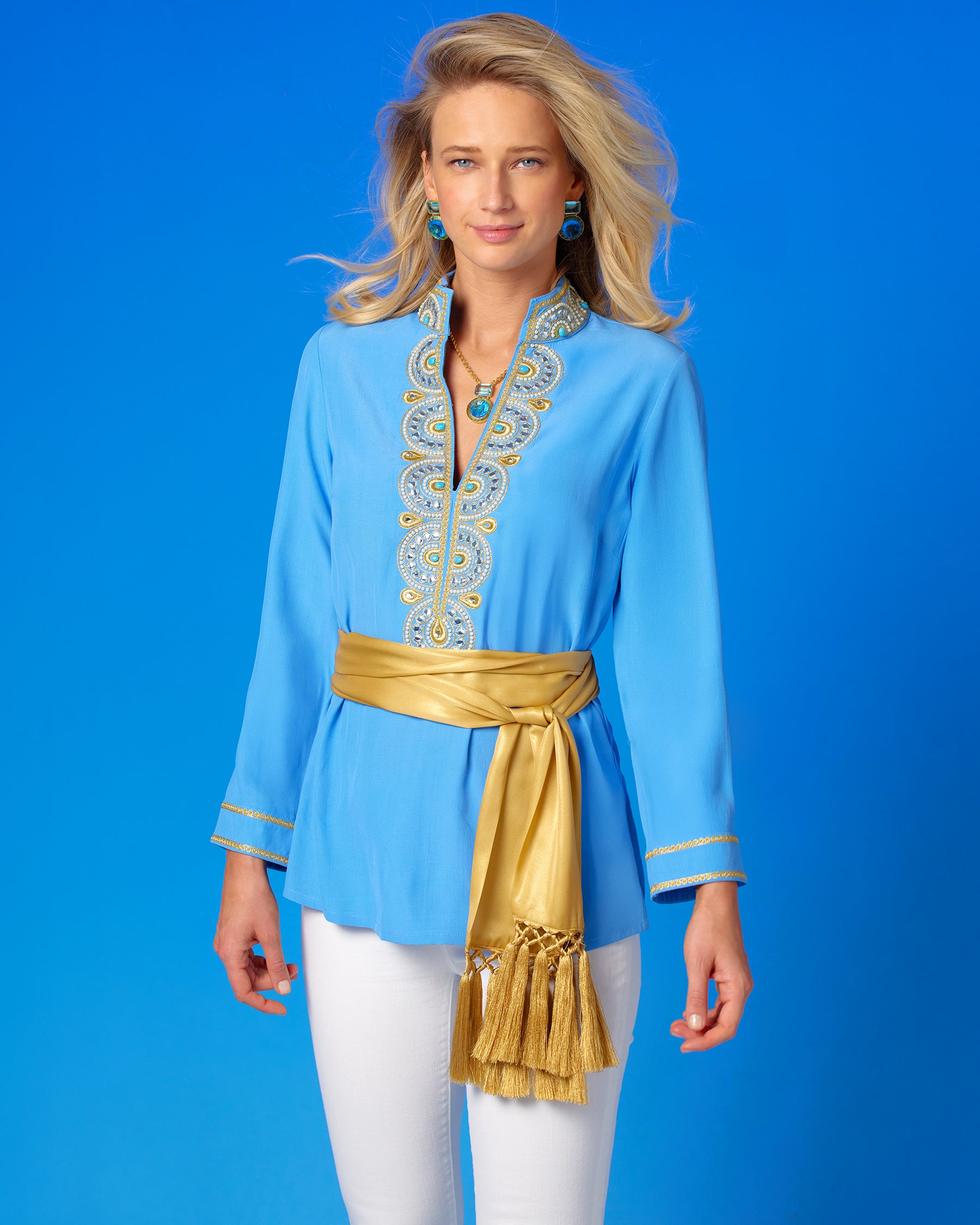 Noor Regency Blue Tunic with Gold Embellishment front view