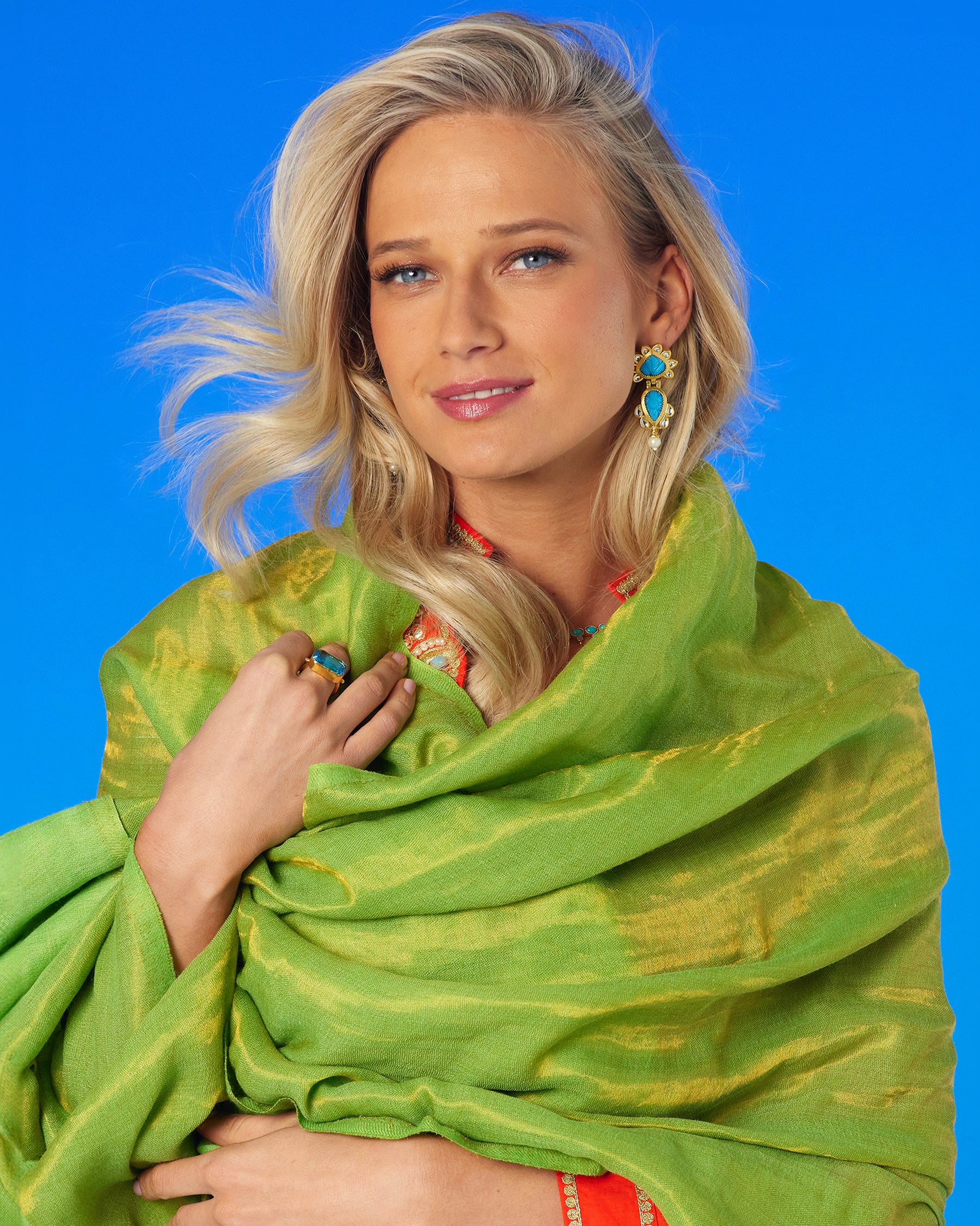 Josephine Reversible Pashmina Shawl in Gold Shimmer Lime wrapped in a cocoon to show the shimmery gold in the shawl