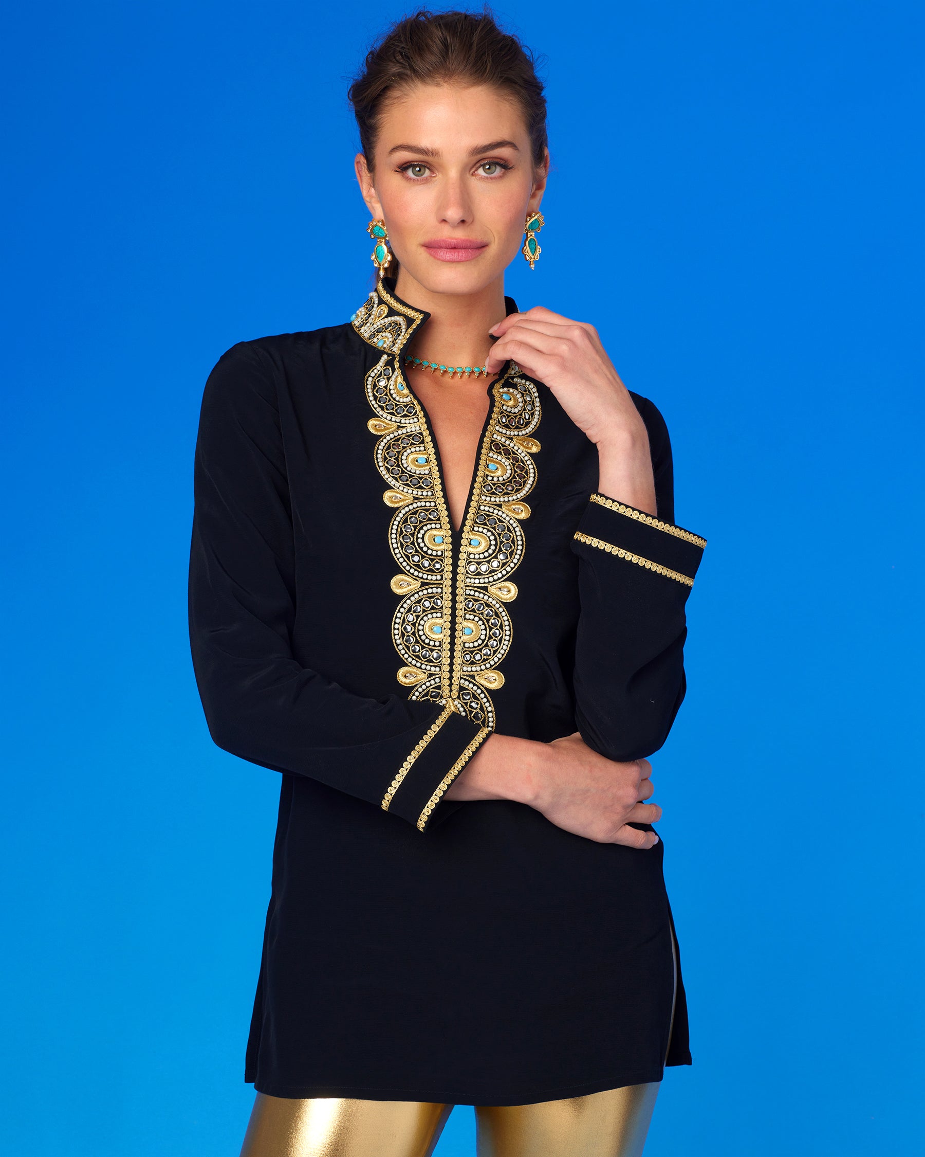 Noor Black Tunic with Gold Embellishment-Front View
