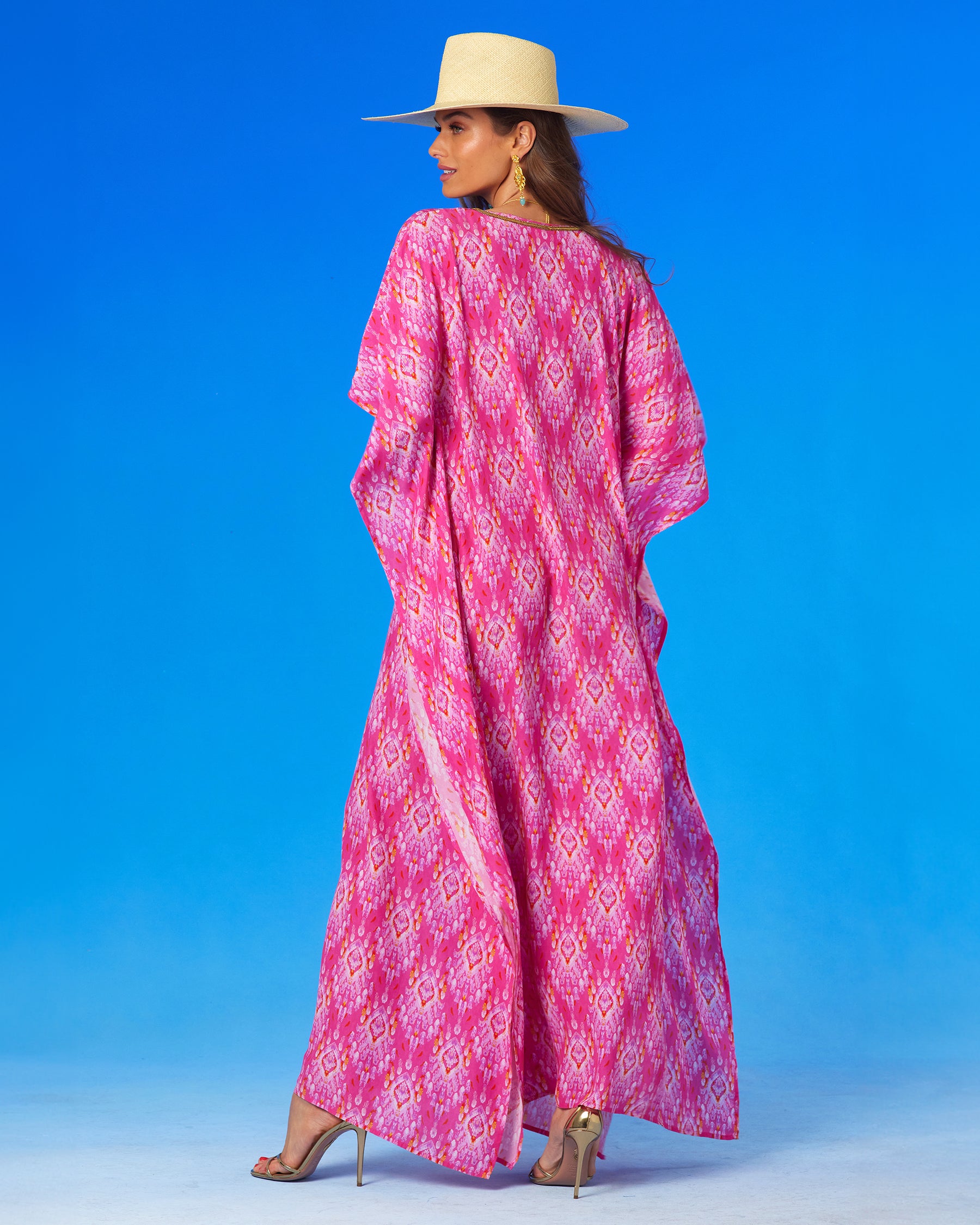 Orchidea Kaftan in Fuchsia Pink Ikat and Gold Beaded Trim-Back View