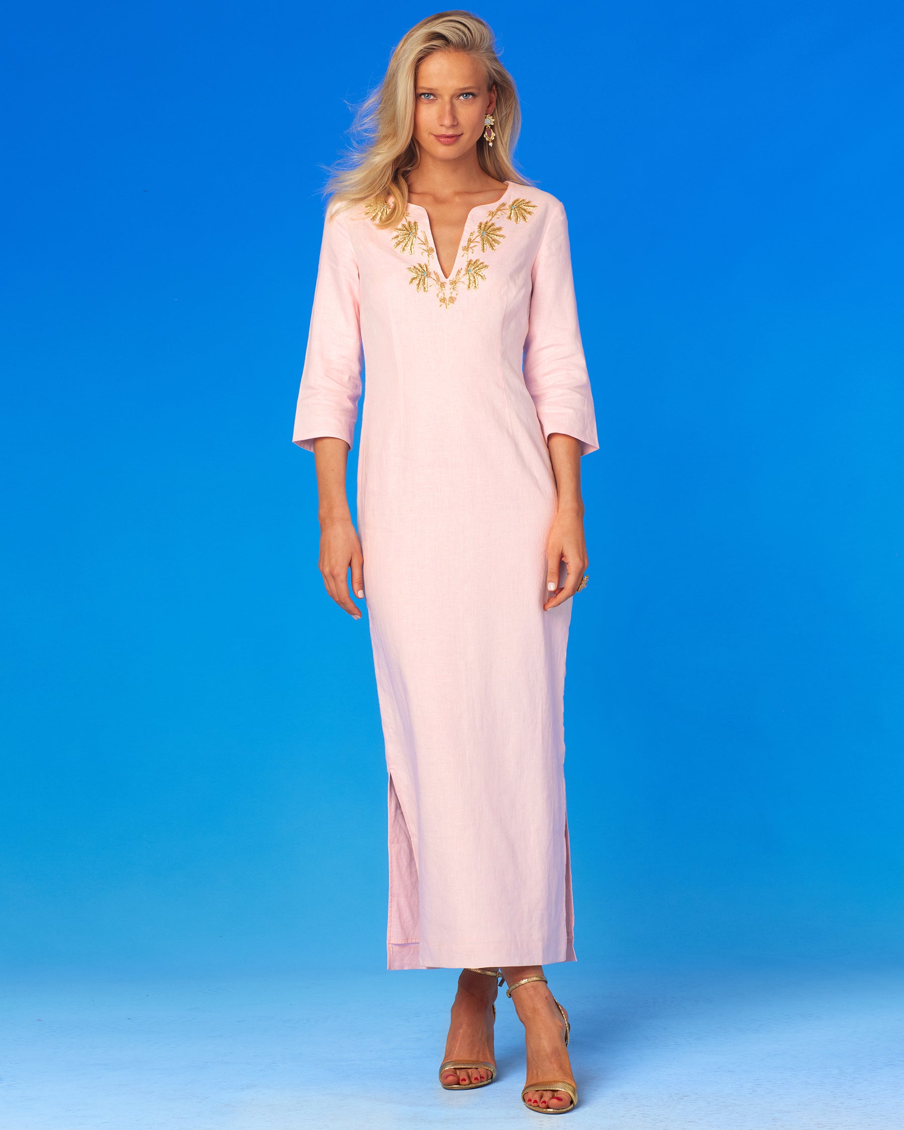 Palmira Long Dress in Blush Pink Linen and Gold Embellishment-Frull front view without sash belt