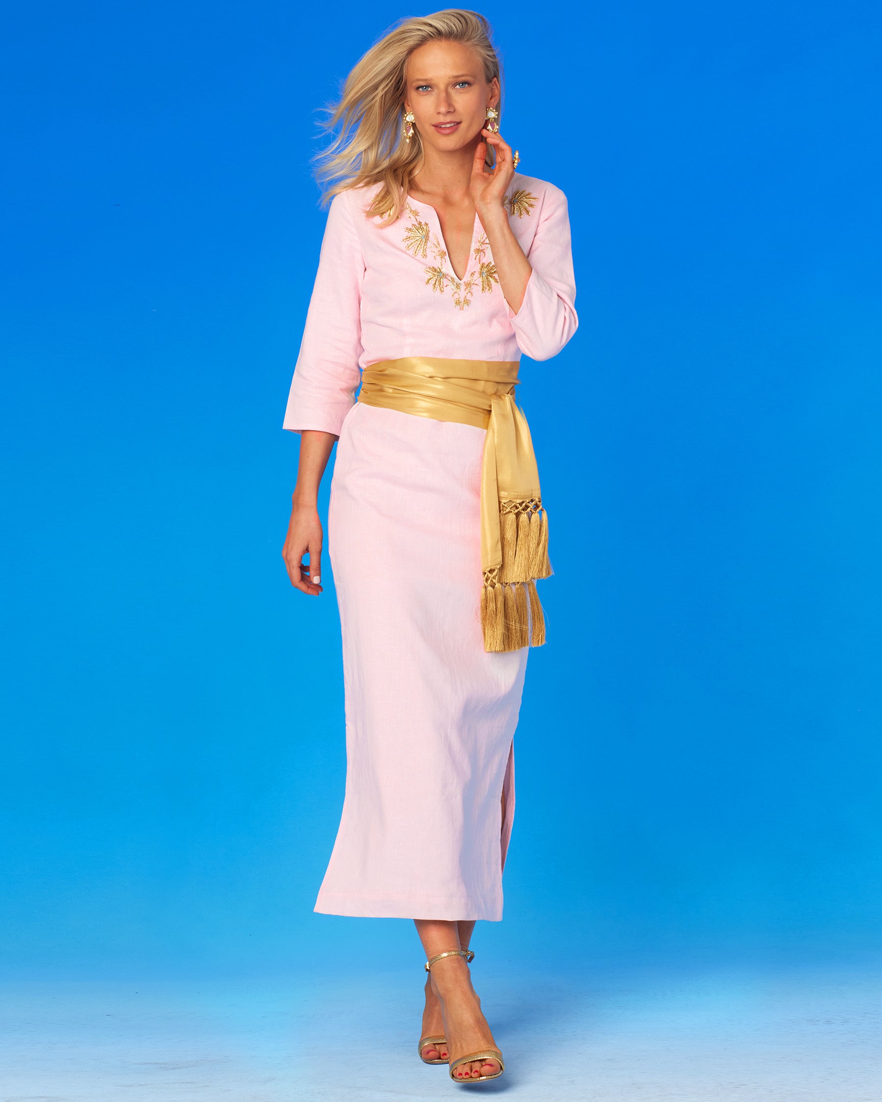 Cosima Sash Belt in Pale Gold Shimmer-worn with a long pink linen tunic dress
