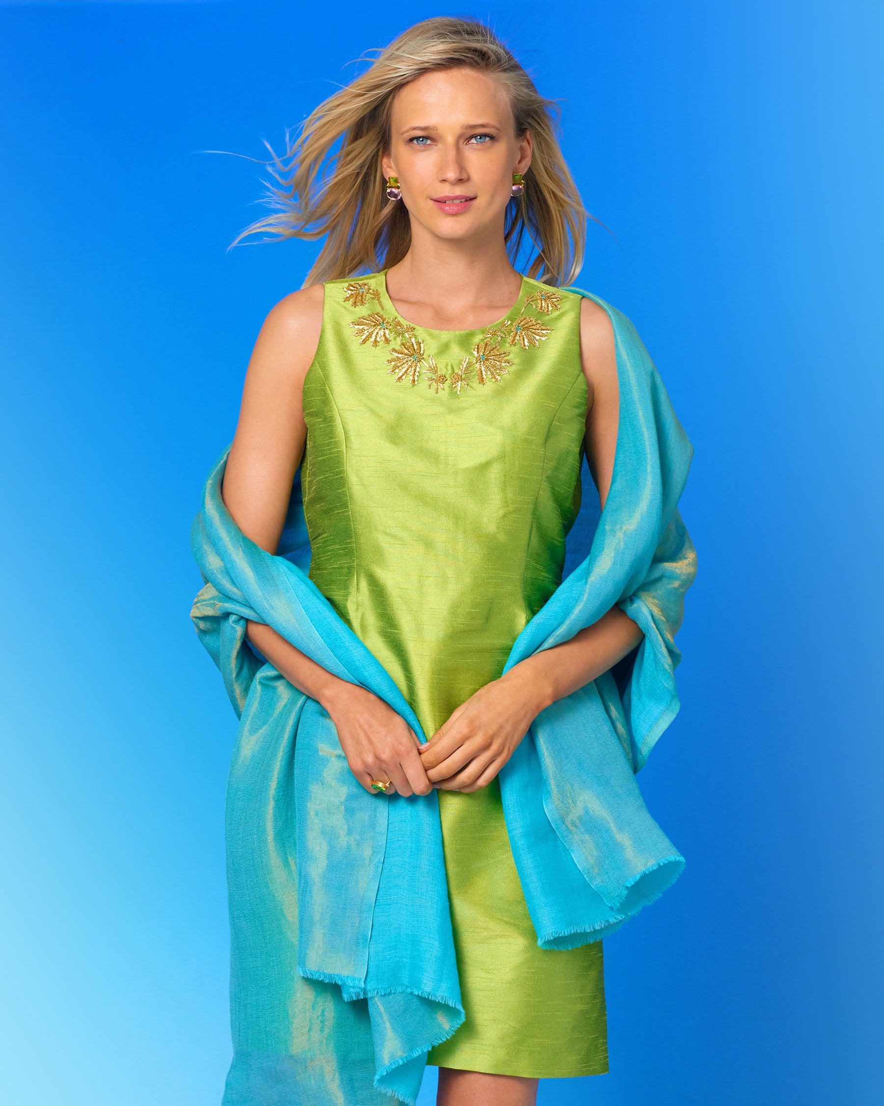 Josephine Reversible Pashmina Shawl in Gold Shimmer Turquoise worn with Palmira Shift Dress