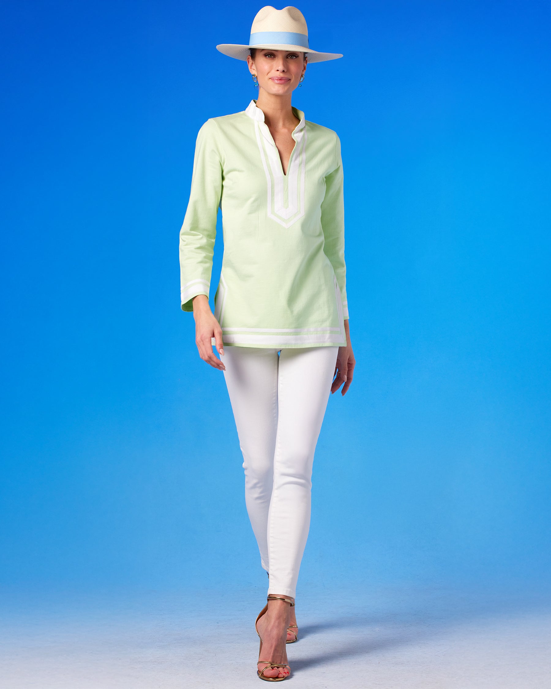 Peyton Cozy Tunic in Mint Green French Terry front view walking