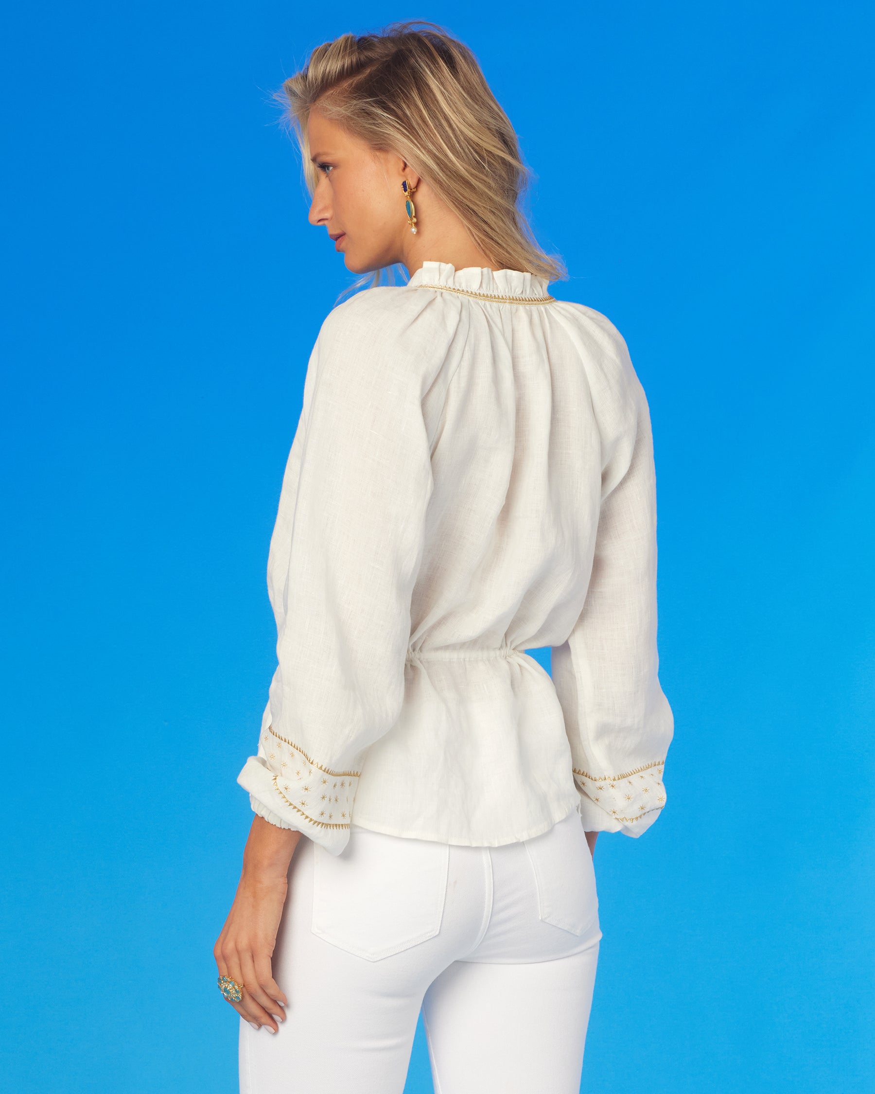 Mykonos Peasant Blouse in Soft White Linen-Back View