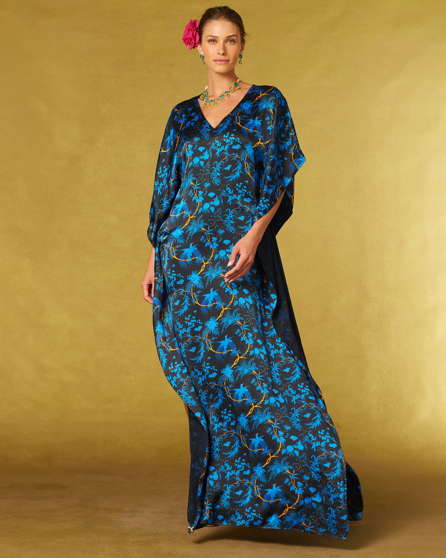 Regan Silk Kaftan in Midnight Garden-Front view