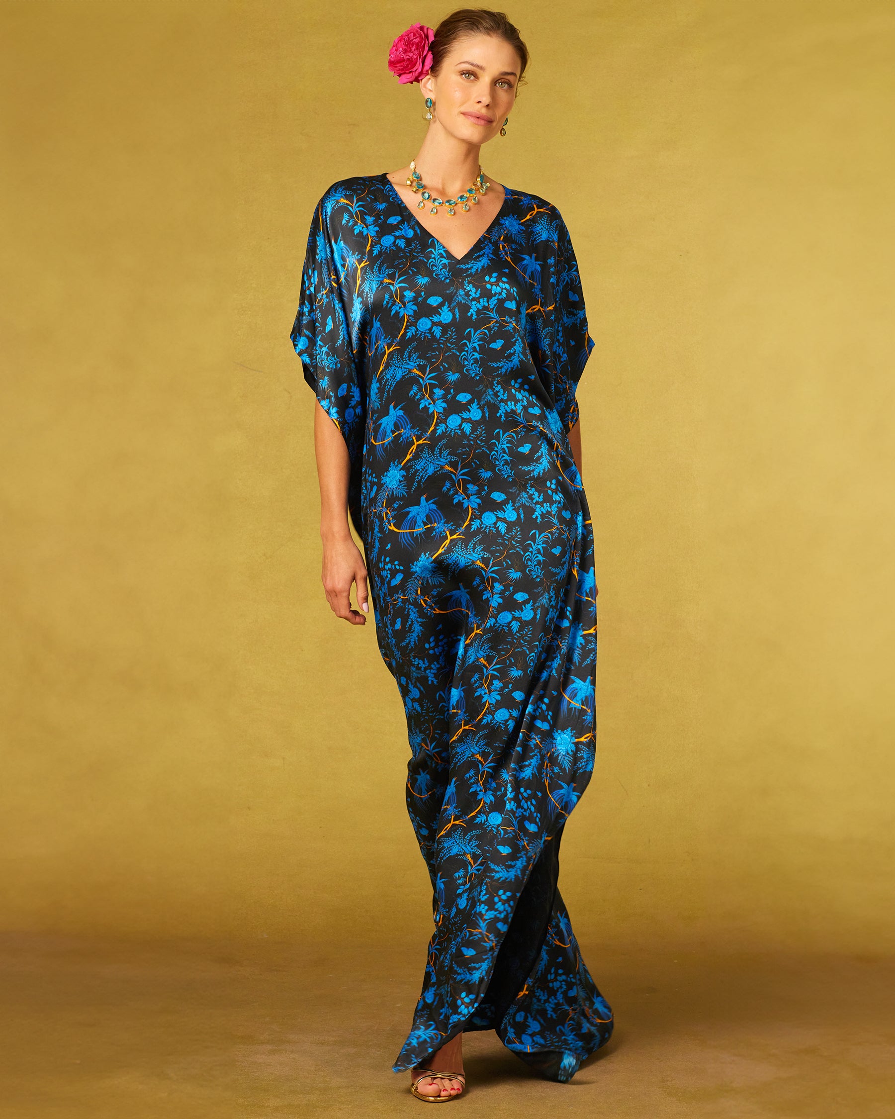 Regan Silk Kaftan in Midnight Garden-Front view