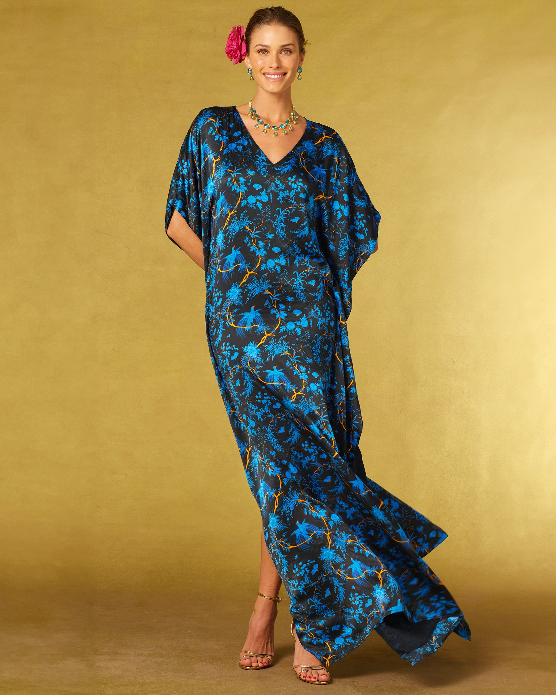 Regan Silk Kaftan in Midnight Garden-Front view