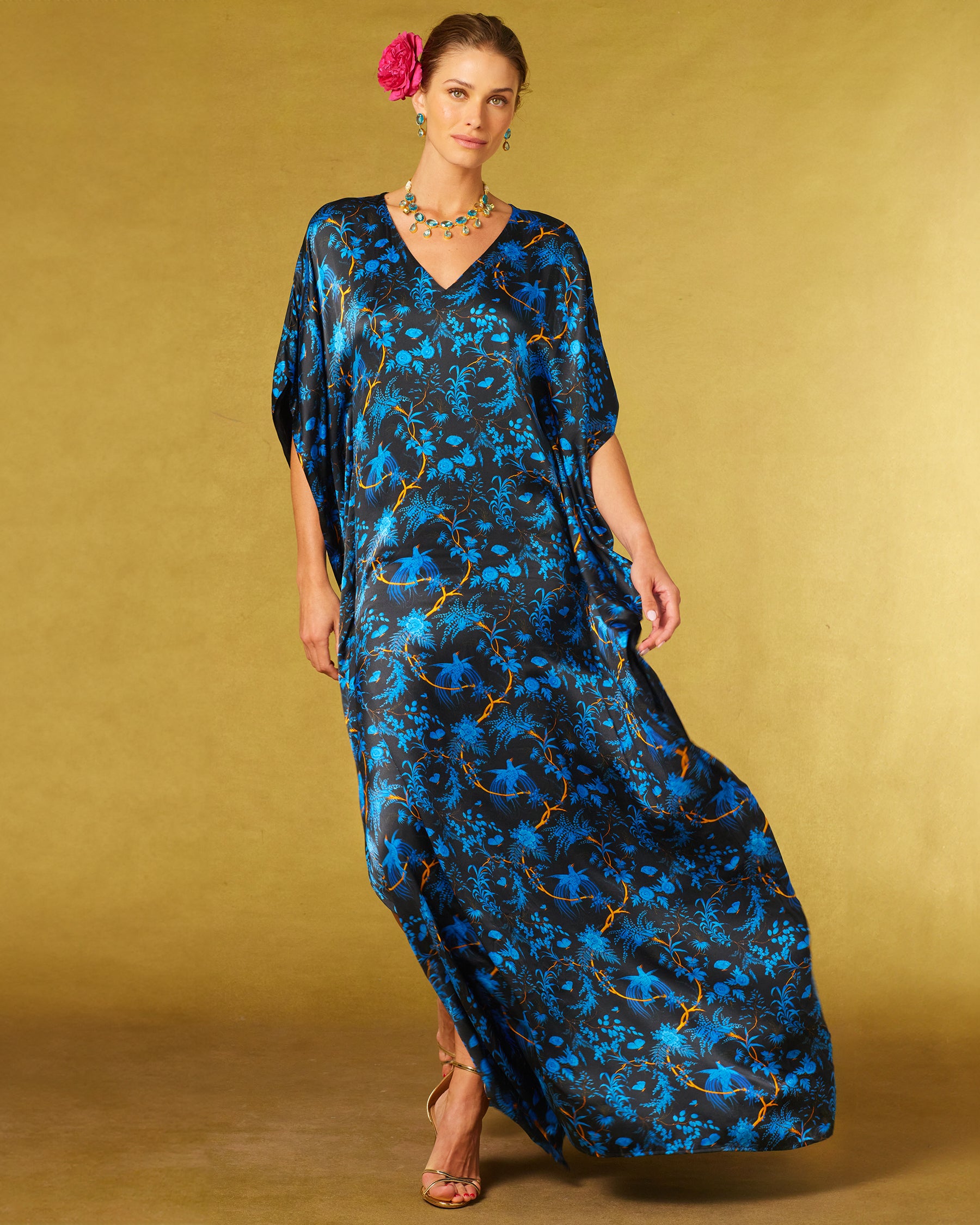 Regan Silk Kaftan in Midnight Garden-Front view walking