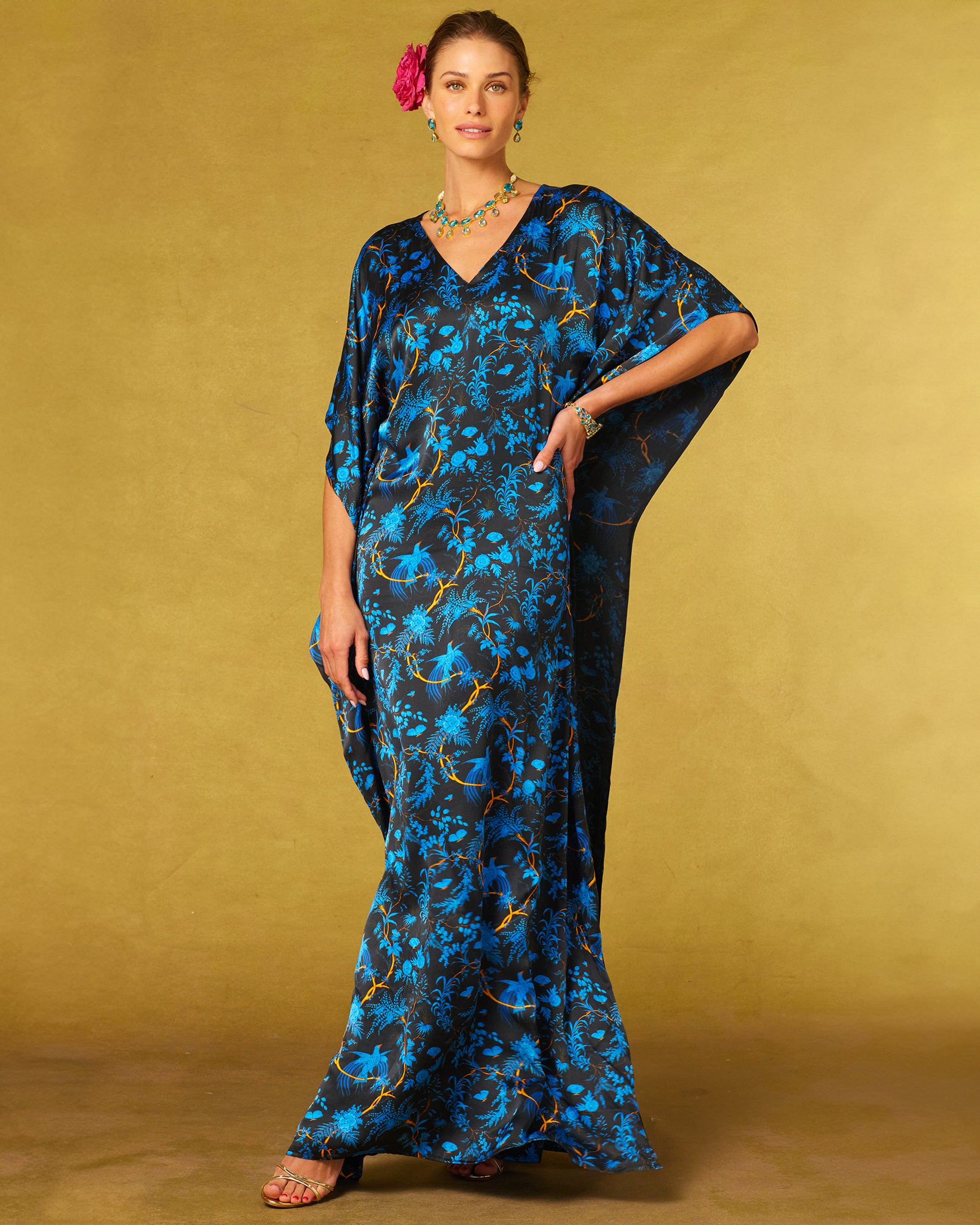 Regan Silk Kaftan in Midnight Garden-Front view and arm on hip