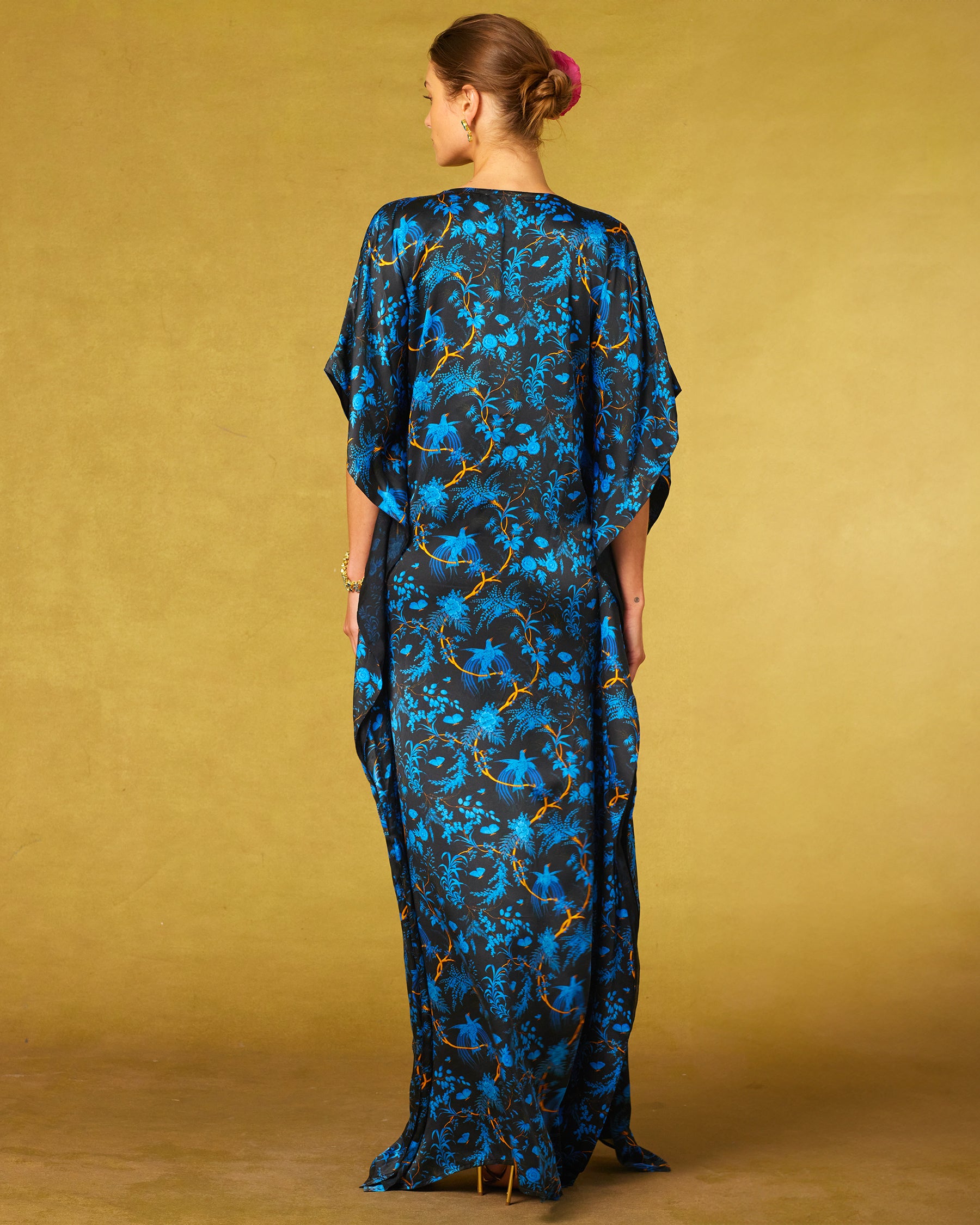 Regan Silk Kaftan in Midnight Garden-Back view