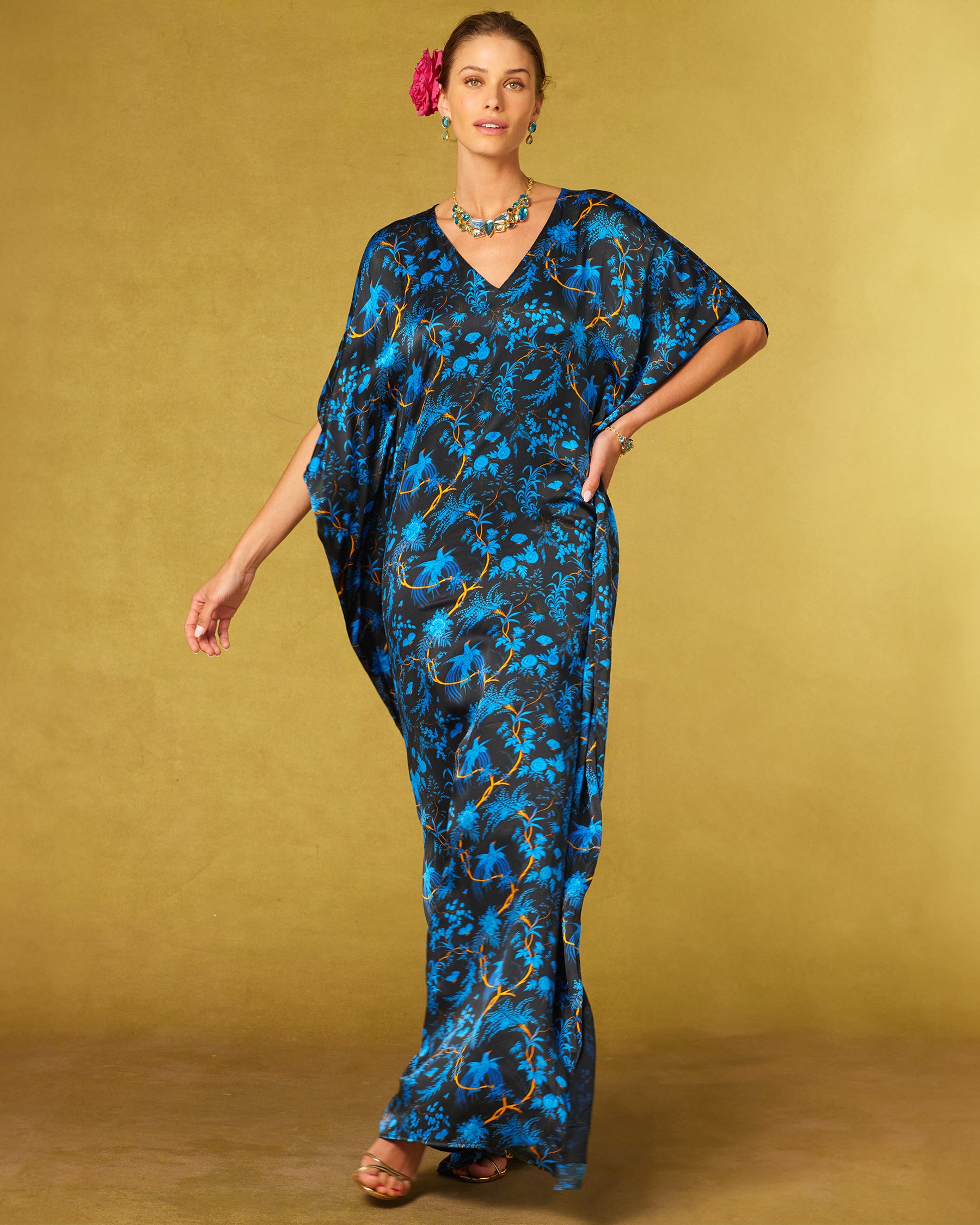 Regan Silk Kaftan in Midnight Garden-Front view arm on hip