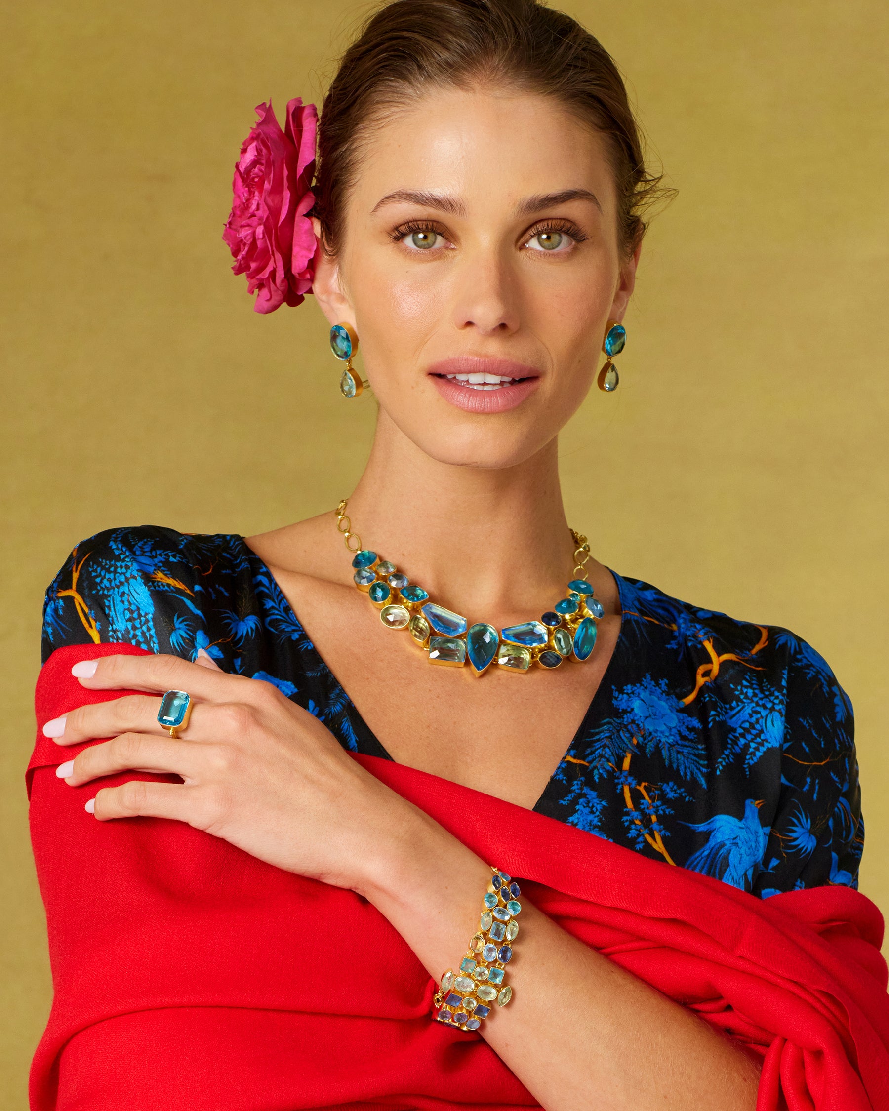 Constance Jewel Encrusted Necklace in Byzantine Sea Blues worn with the matching bracelet and Regan Silk Kaftan in Midnight Garden