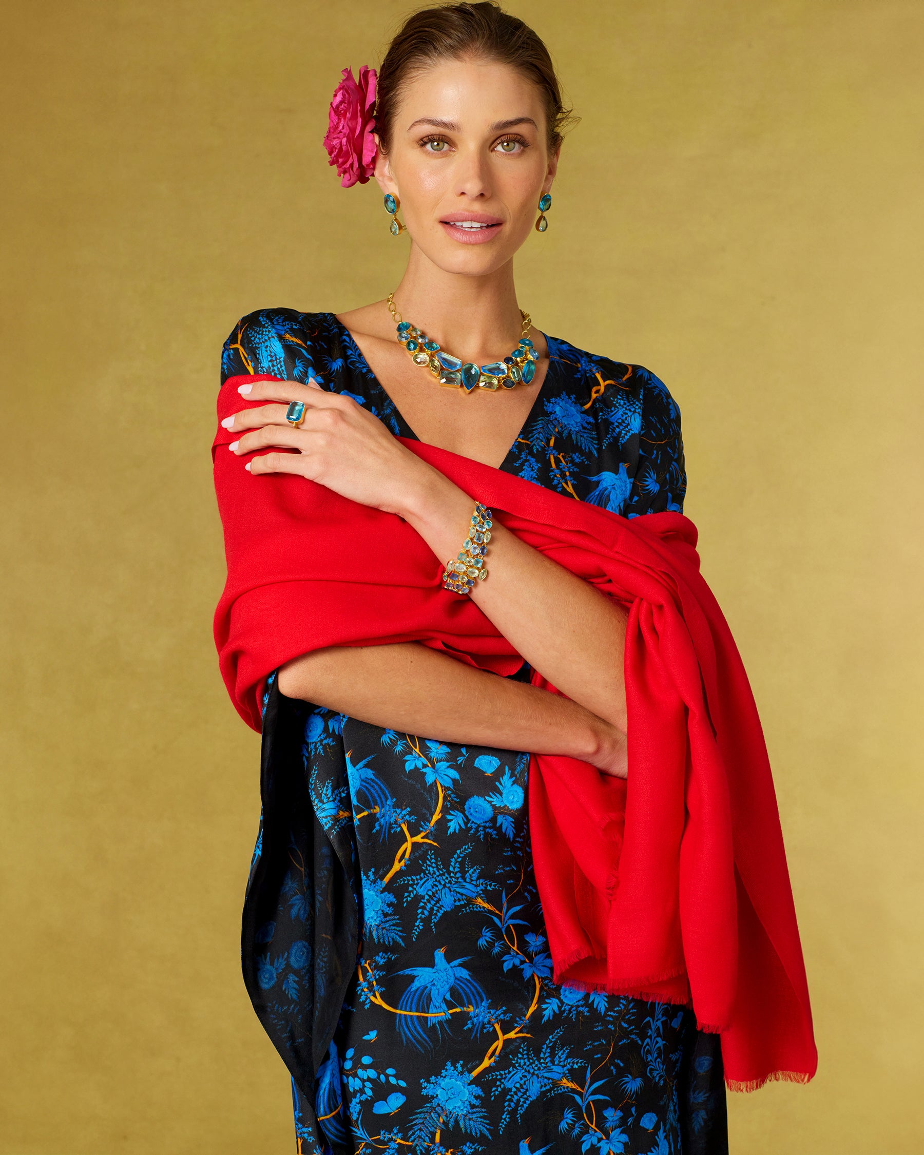 Regan Silk Kaftan in Midnight Garden worn with the Josephine Pashmina Shawl in Red