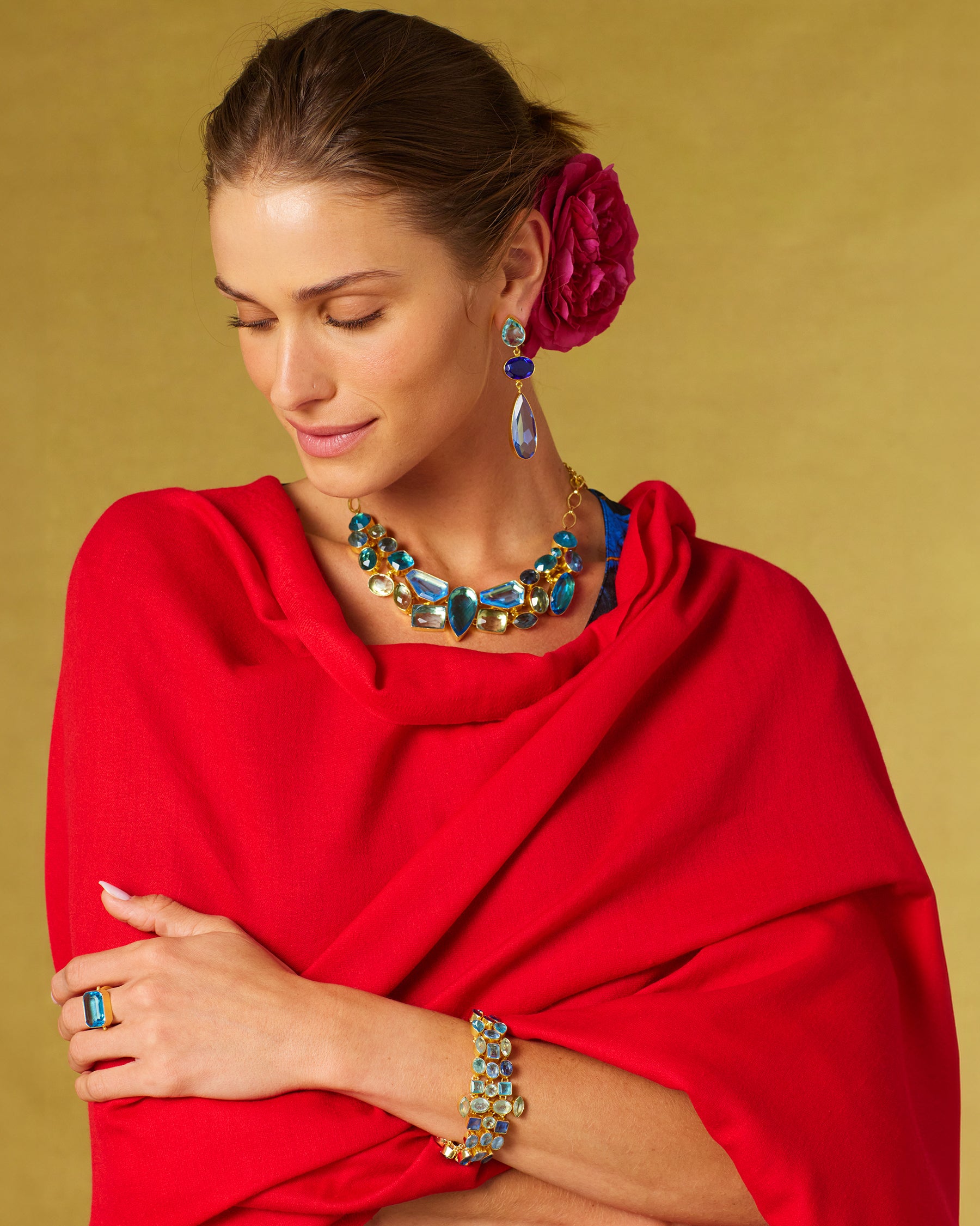 Josephine Pashmina Shawl in Red-Woman looking down