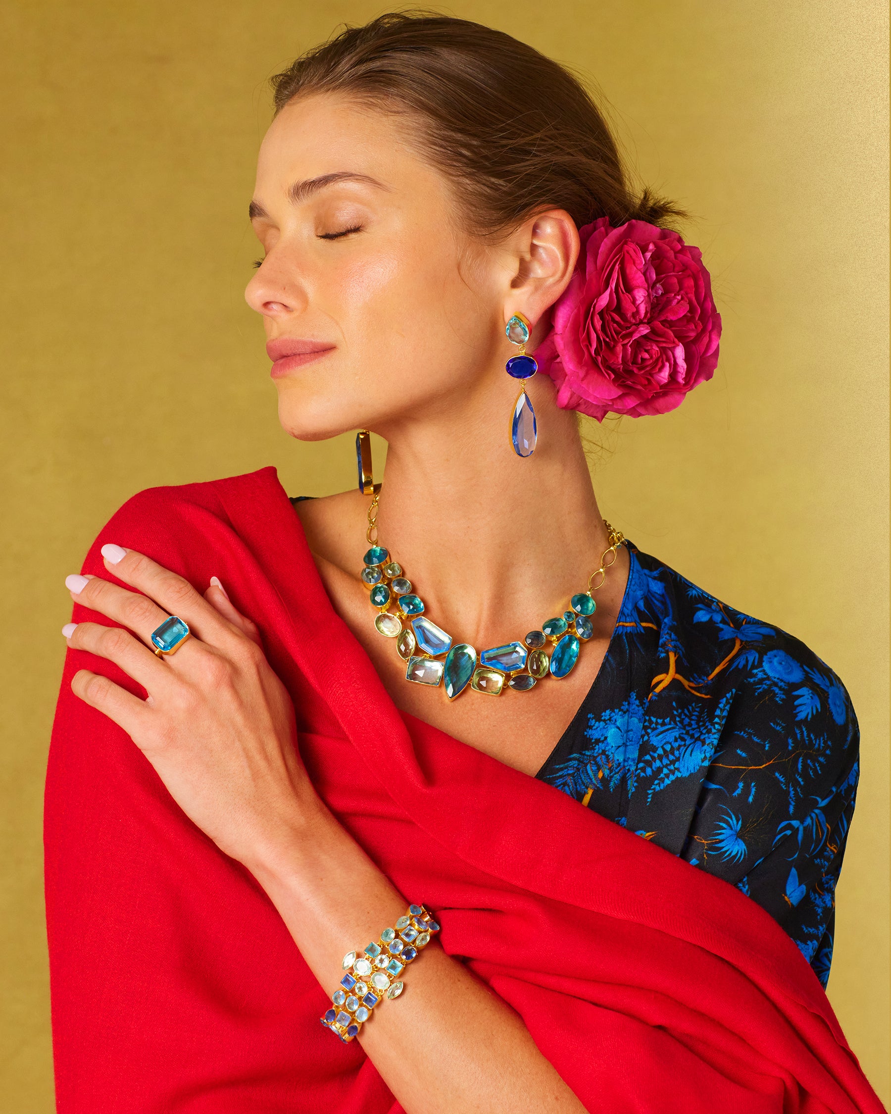 Regency Statement Ring in Crystal Blue worn with the Regan Silk Kaftan