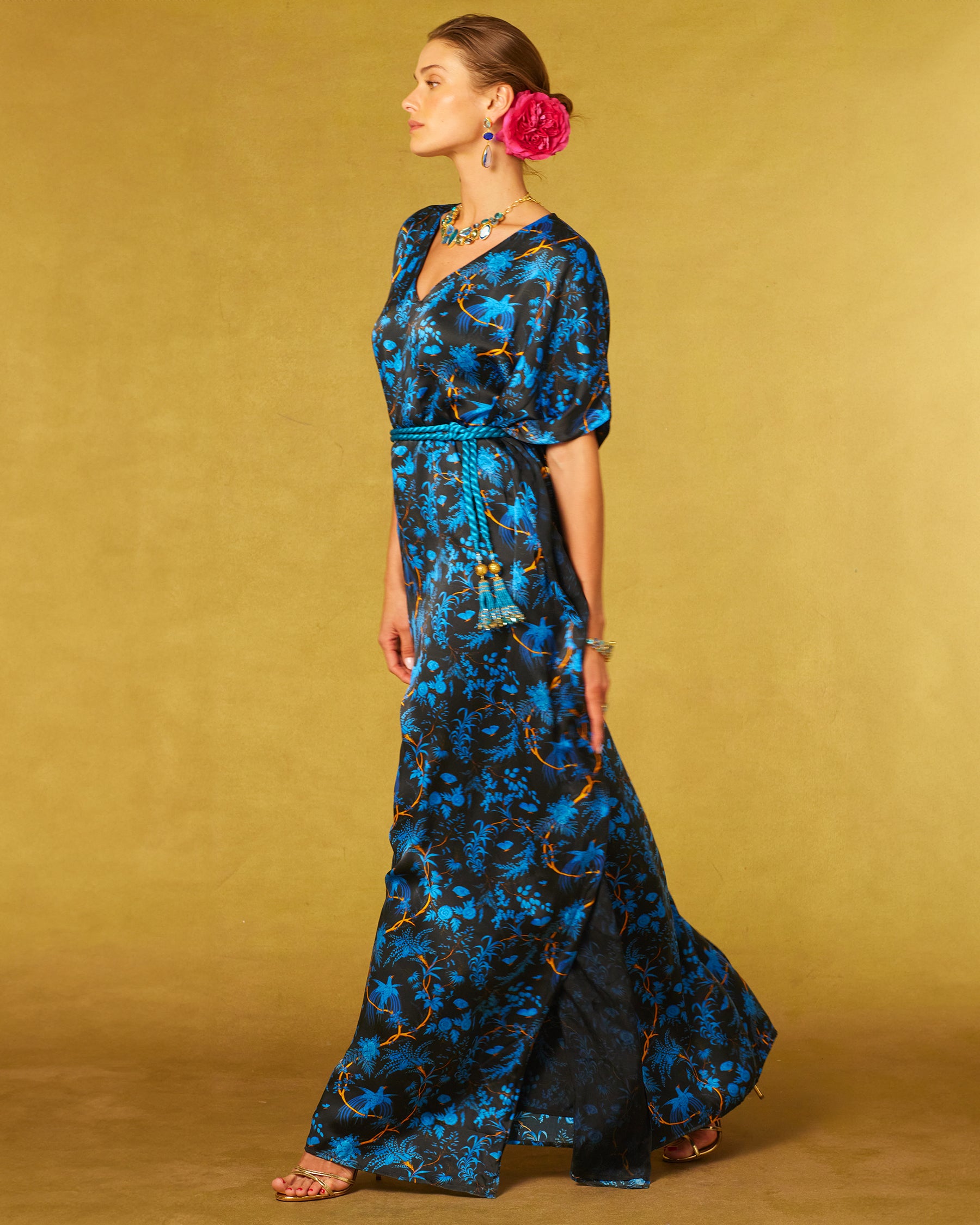 Regan Silk Kaftan in Midnight Garden-Side view walking