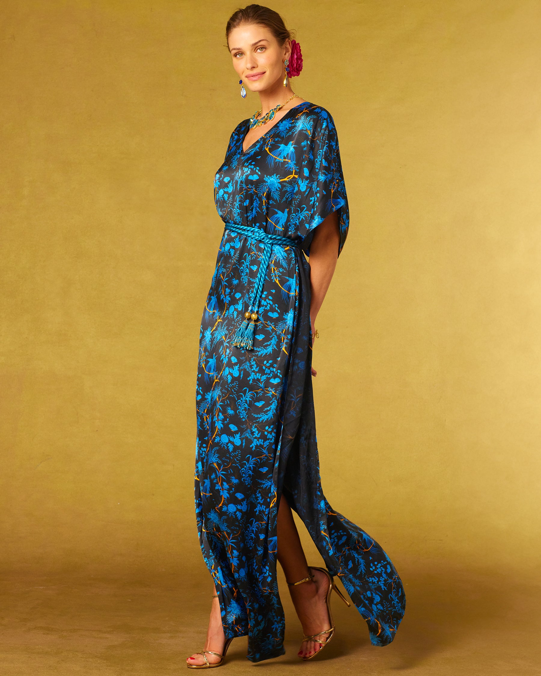 Regan Silk Kaftan in Midnight Garden with waist cinched with the Artemis Belt