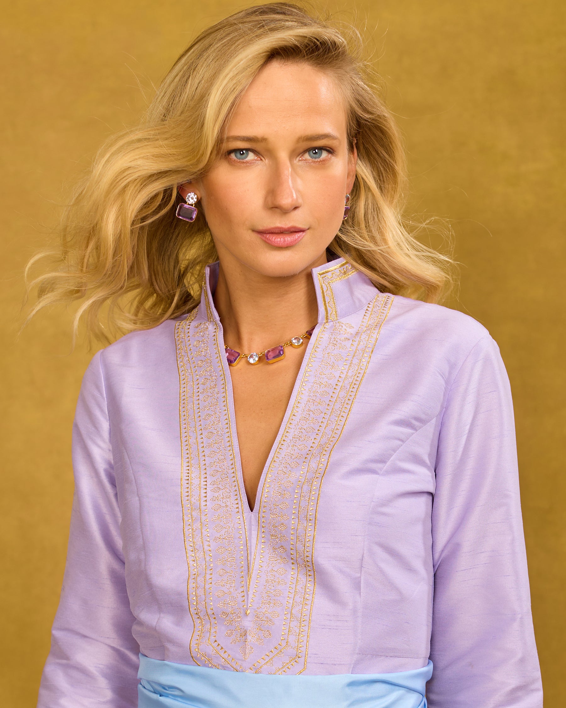 Leticia Octagonal Earrings in Lavender Amethyst worn with the Regine Long Tunic Dress in Lavender and Gold Embroidery