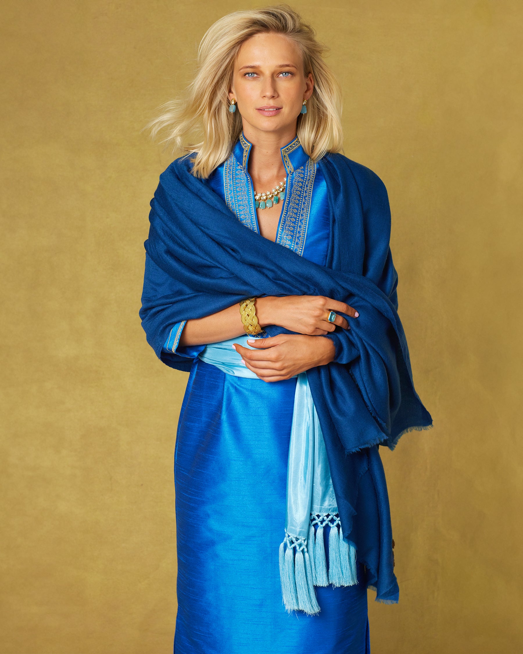 Regine Long Tunic Dress in Royal Blue and Gold Embroidery with the waist cinched with the Cosima Turquoise Sash Belt and the Josephine Pashmina Cashmere Shawl wrapped around teh shoulders