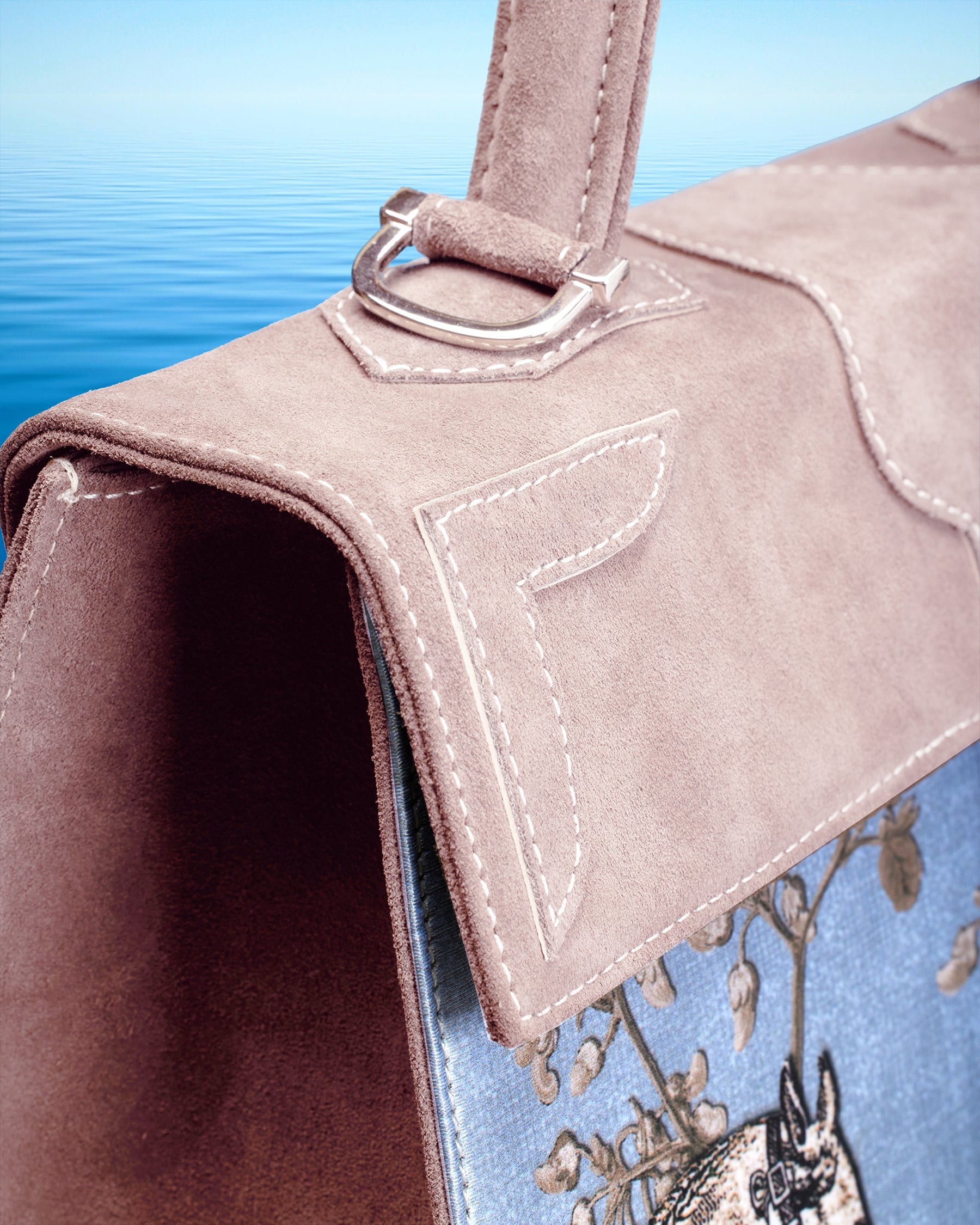 Marquise Paris Recontre Équestre Top Handle Shoulder Bag in Pastel Pink-Detail of Leather Stitching